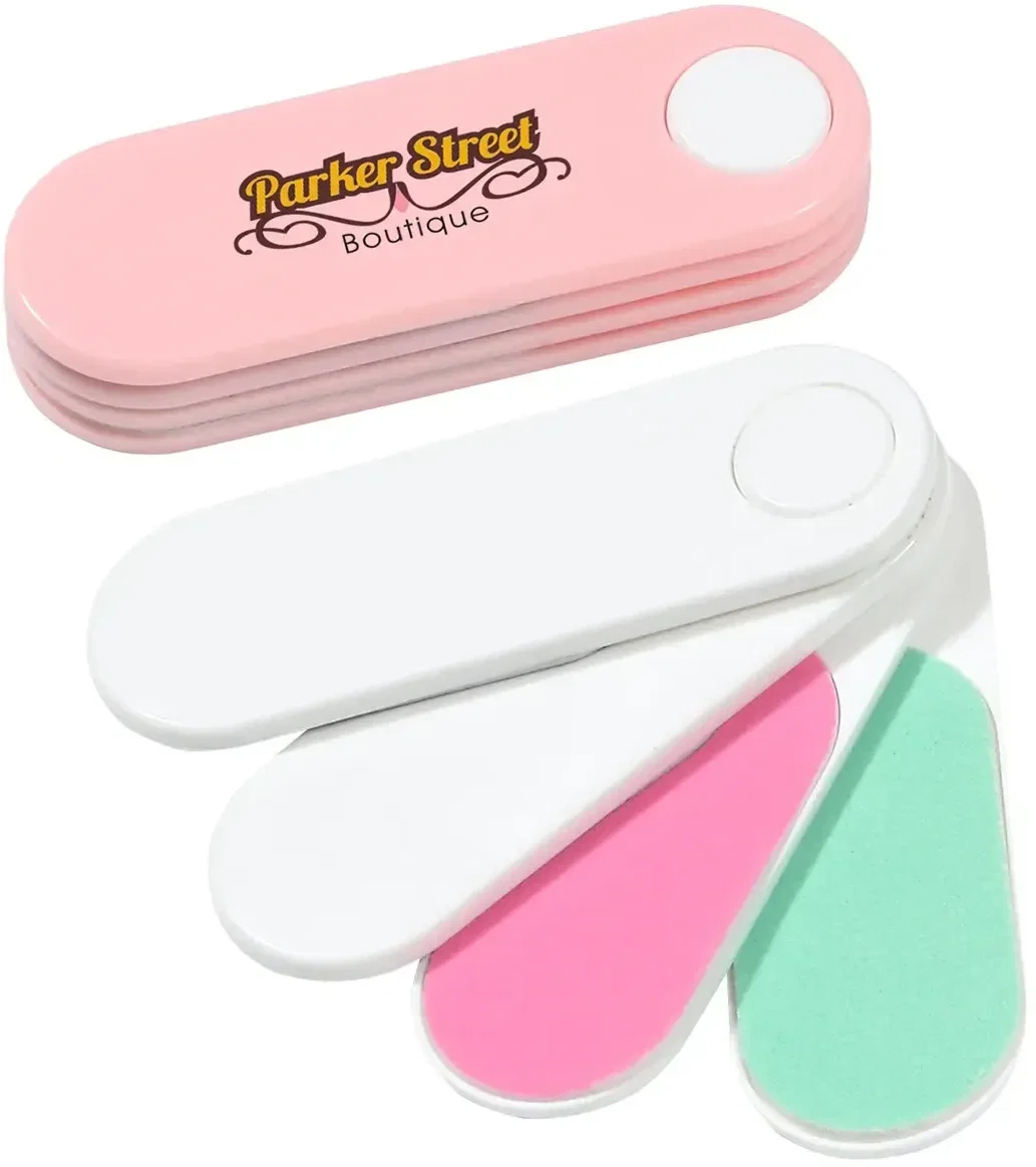 Fashion custom 4-blade nail file and buffer with branded logo, fanned open
