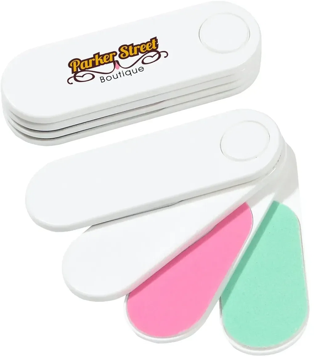 Branded promotional Fashion nail file and buffer close-up of pads and logo
