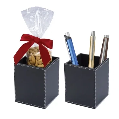 Faux leather pen cup shown as part of a desk set