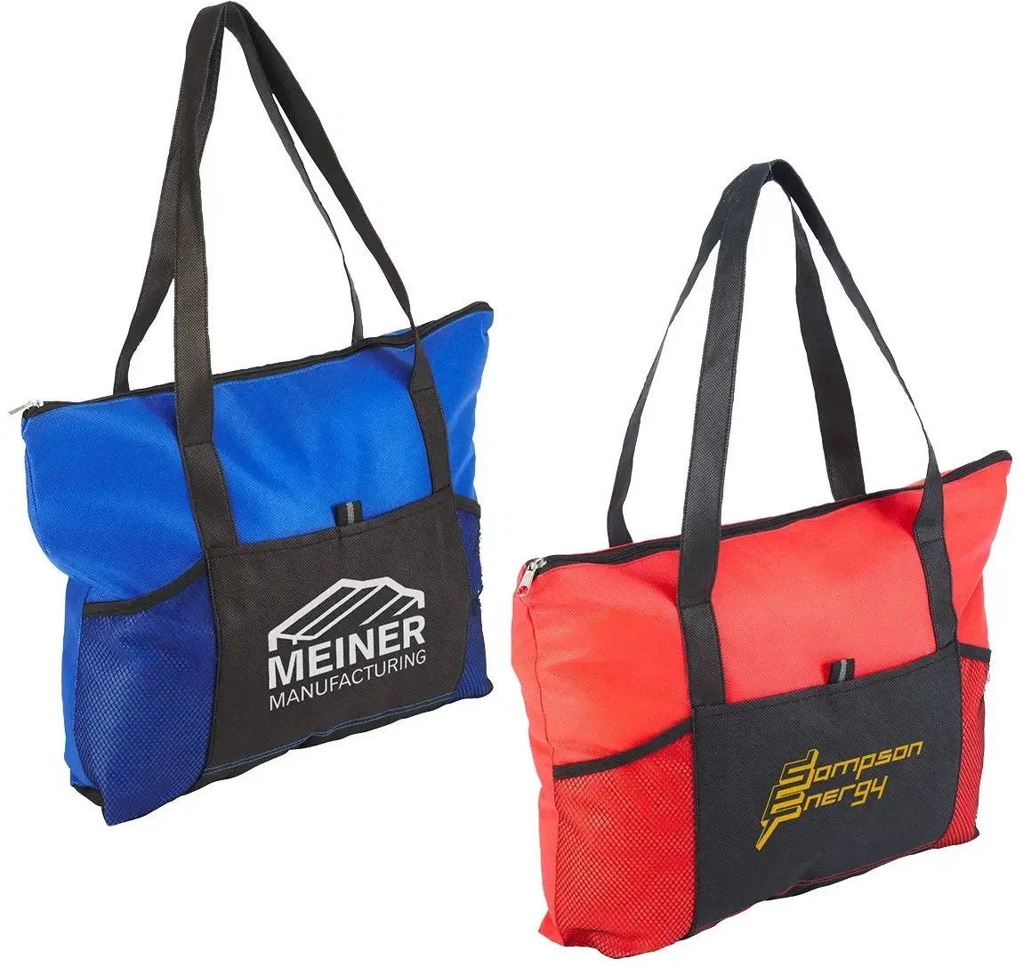 Custom Feather Flight zippered mesh-pocket tote, branded shopper front view with logo area