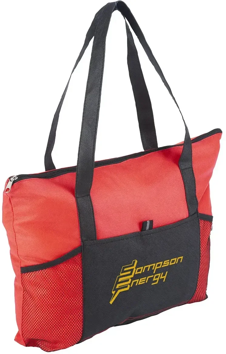 Promotional zippered tote bag close-up of full zipper closure