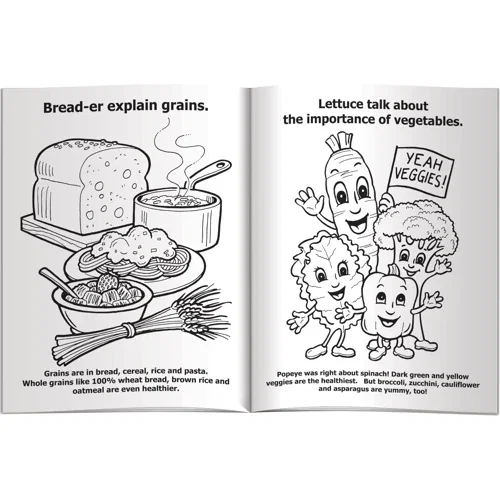 Feel Good Eat Healthy coloring book open spread showing kid-friendly nutrition activity pages