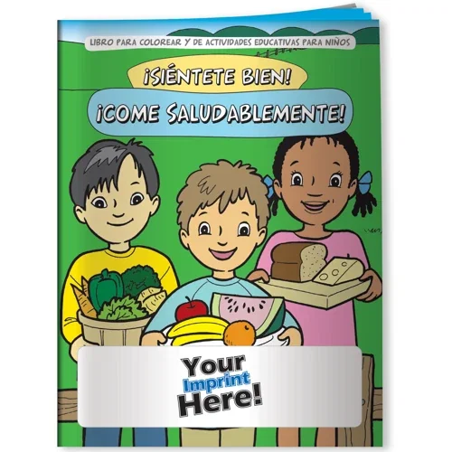 Feel Good Eat Healthy Spanish coloring book cover, kids healthy-eating activity book