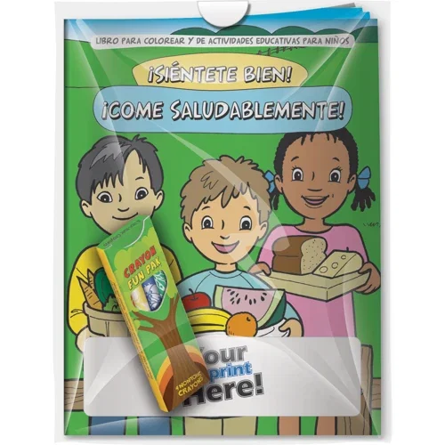 Feel Good Eat Healthy Spanish coloring book cover with imprinted crayons combo, hero view