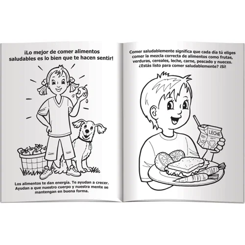 Feel Good Eat Healthy Spanish coloring book and crayons kitted in clear poly bag packaging