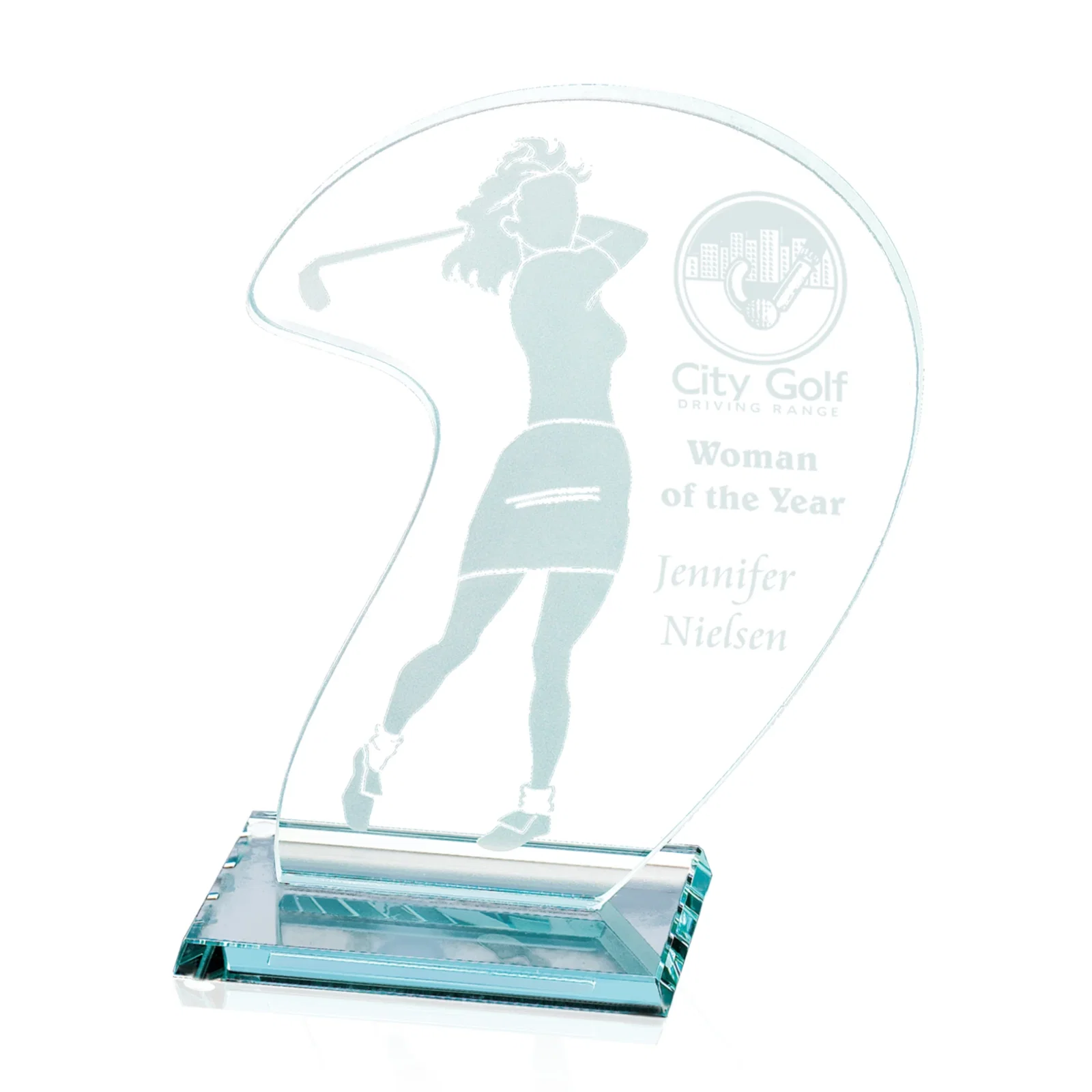 Custom Aquashaped Jade Glass Female Golfer Swing Award for employee recognition