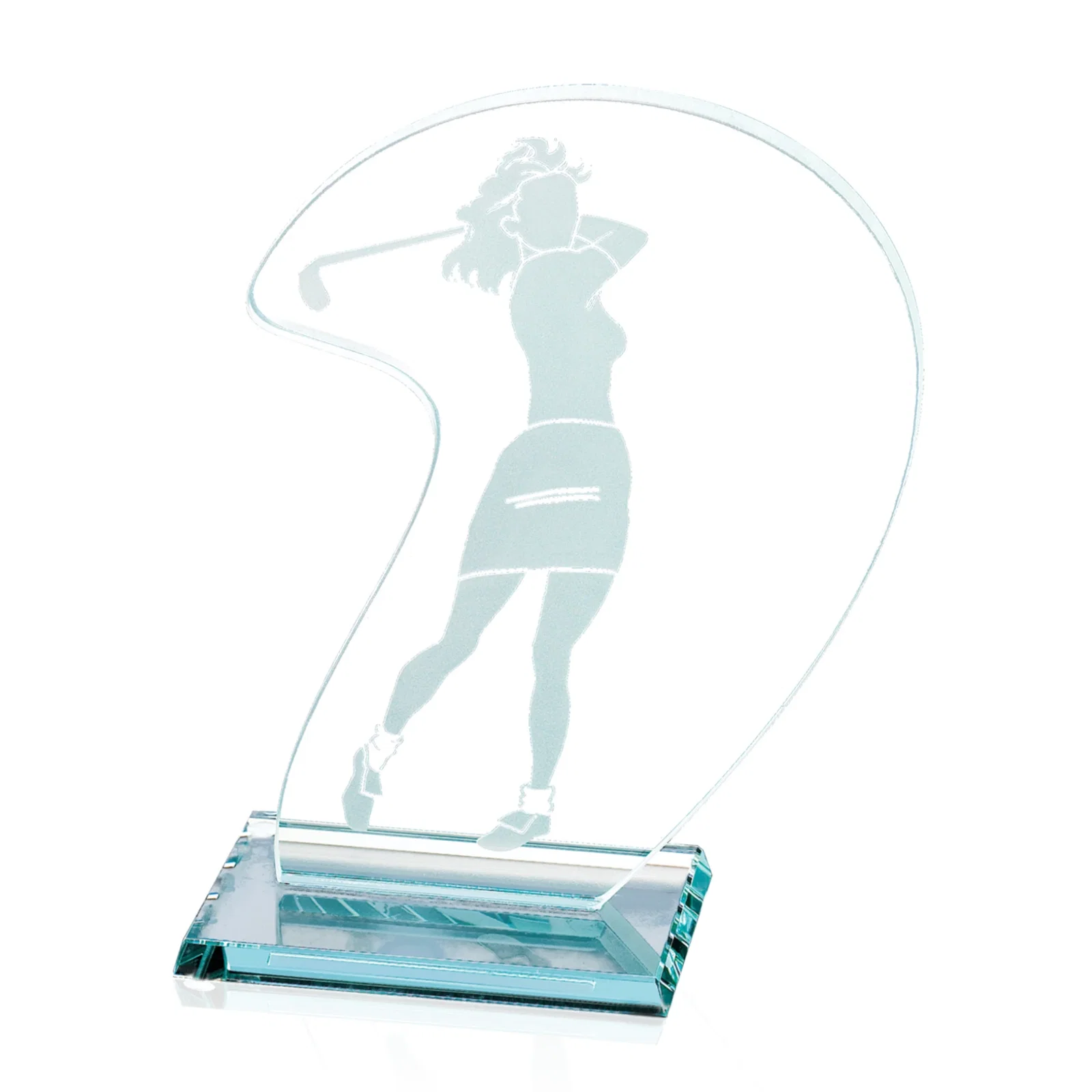 Custom Aquashaped Jade Glass Female Golfer Swing Award for corporate award ceremonies
