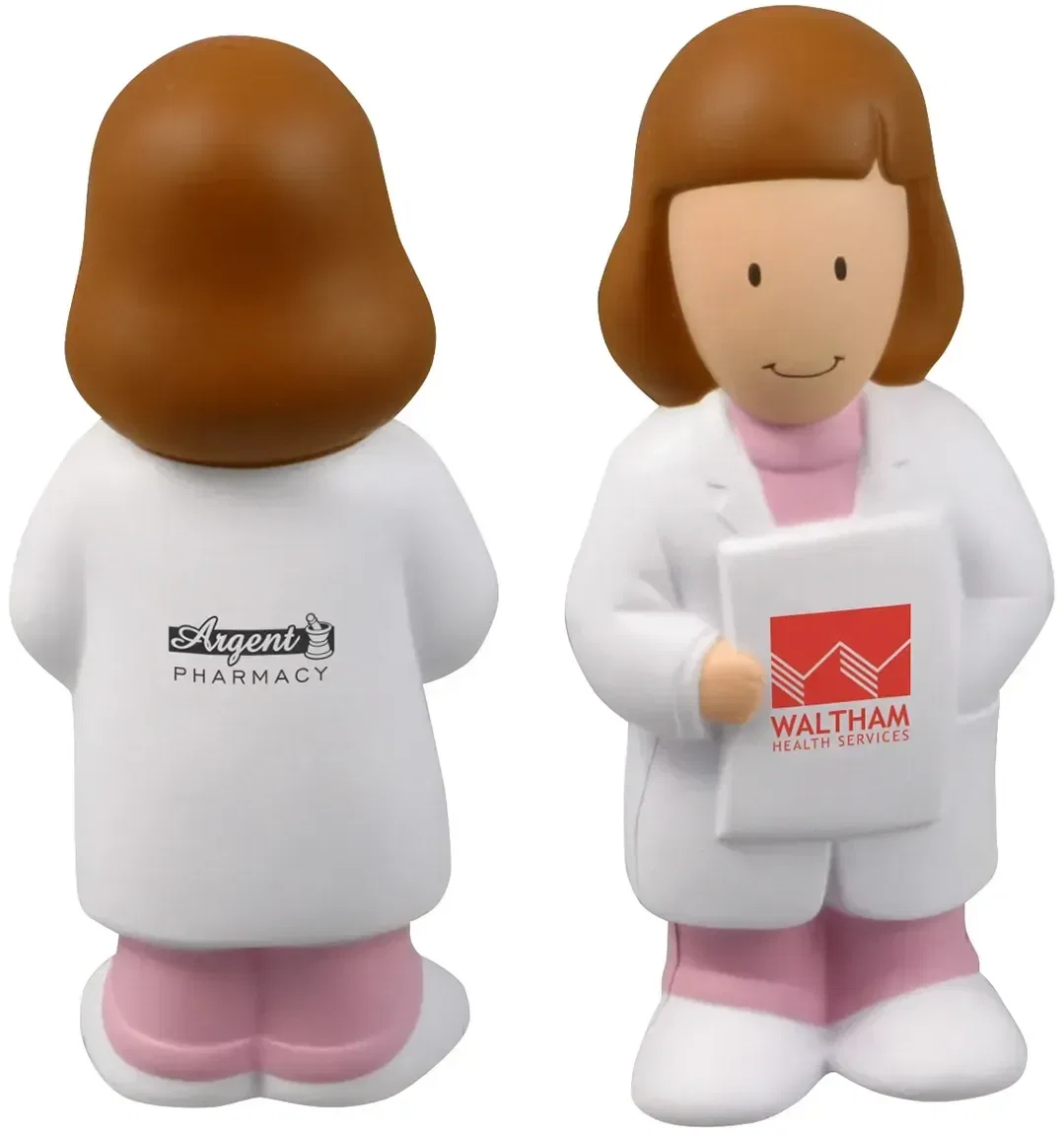 Custom Female Physician Stress Reliever shaped like a woman doctor, molded foam with promotional logo
