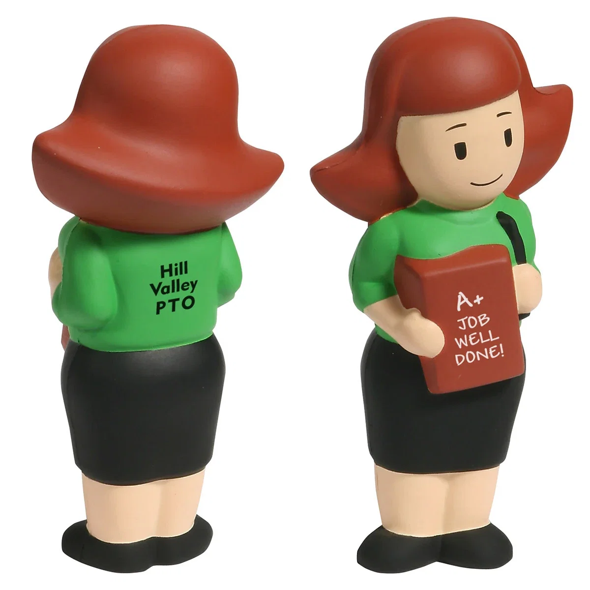 Female teacher figure stress reliever holding a book, about 4.5 inches tall