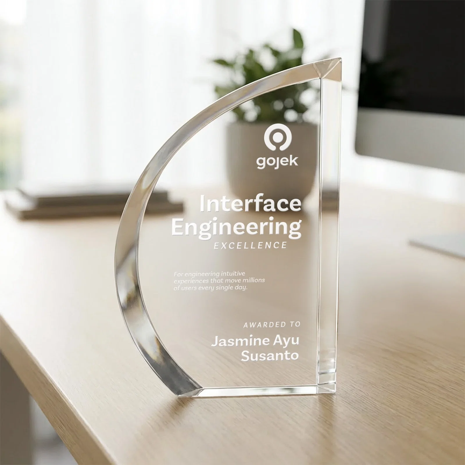 Custom Optical Crystal Sail Award with Sweeping Curved Edge, awards for team milestone celebrations