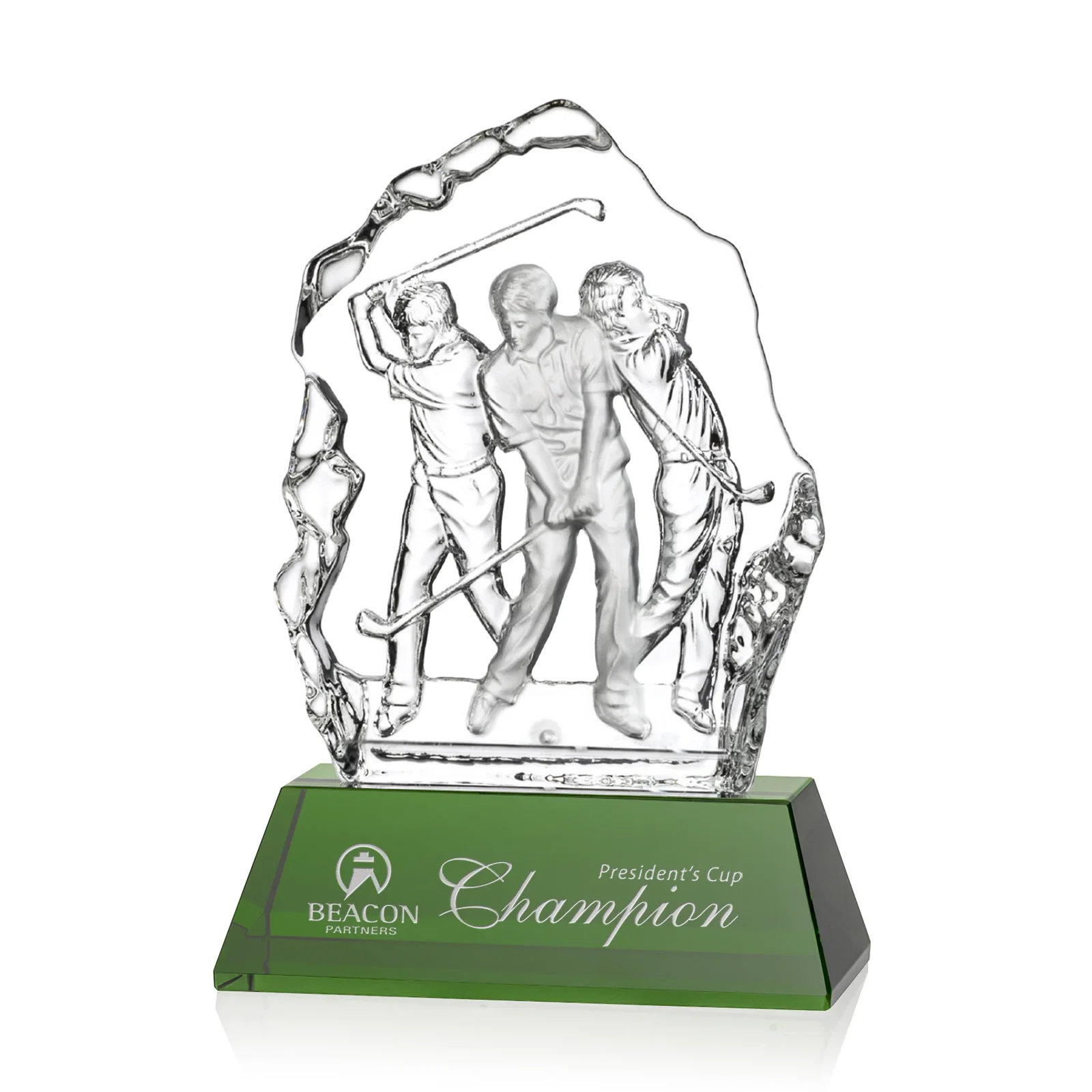 Custom Crystal Iceberg Award With Golf Swing Figure Cast Inside for volunteer appreciation