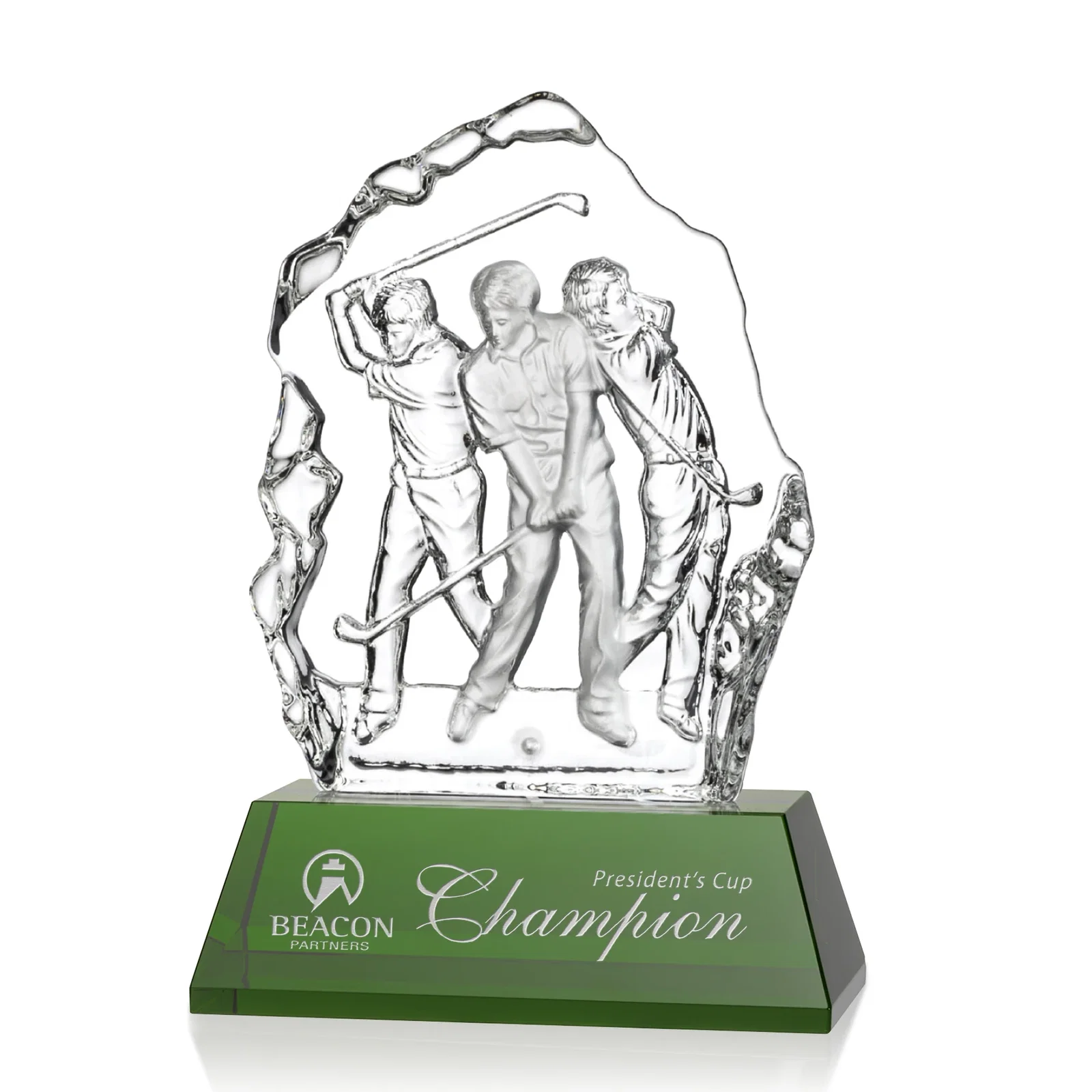 Custom Crystal Iceberg Award With Golf Swing Figure Cast Inside for dealer and partner awards