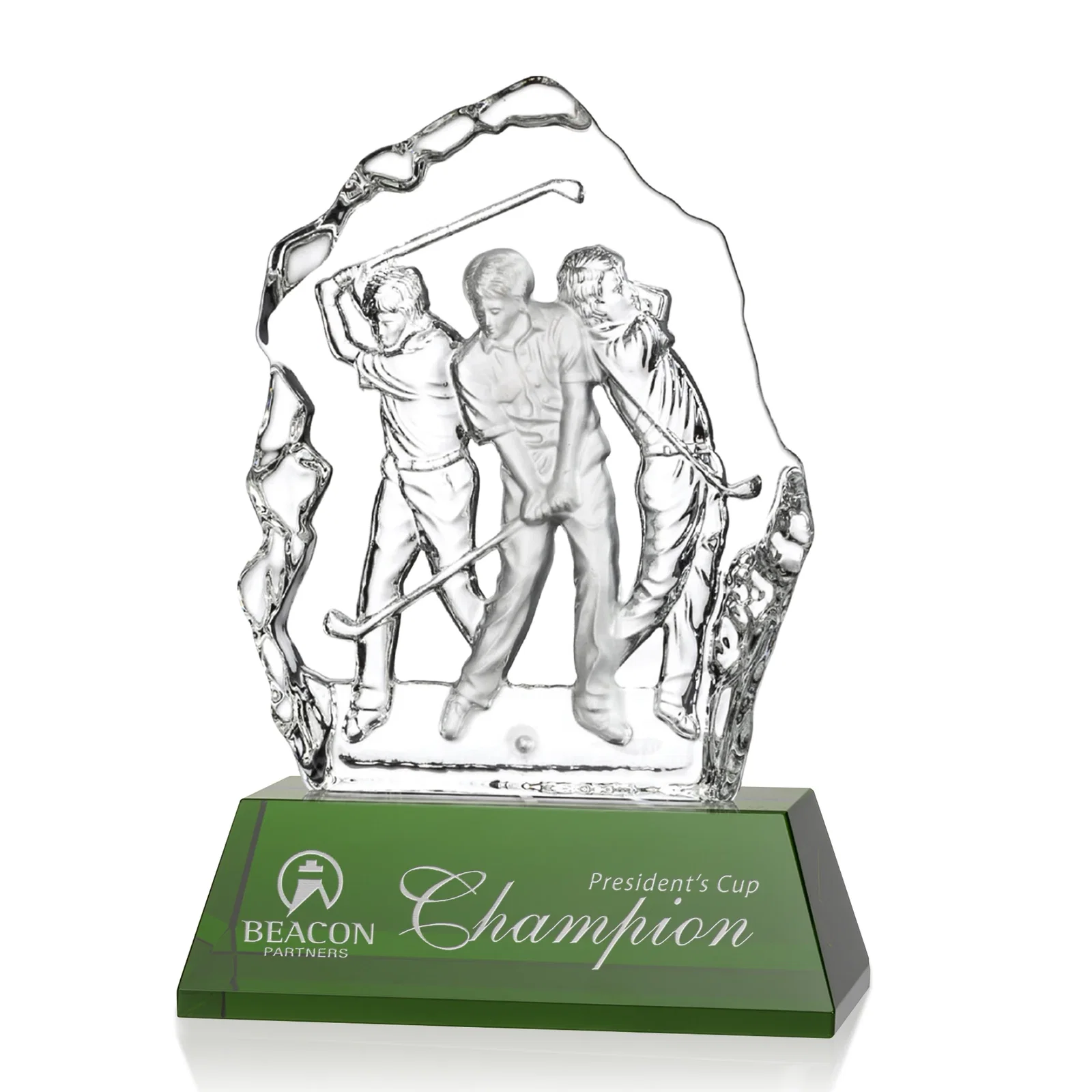 Custom Crystal Iceberg Award With Golf Swing Figure Cast Inside for company anniversary events