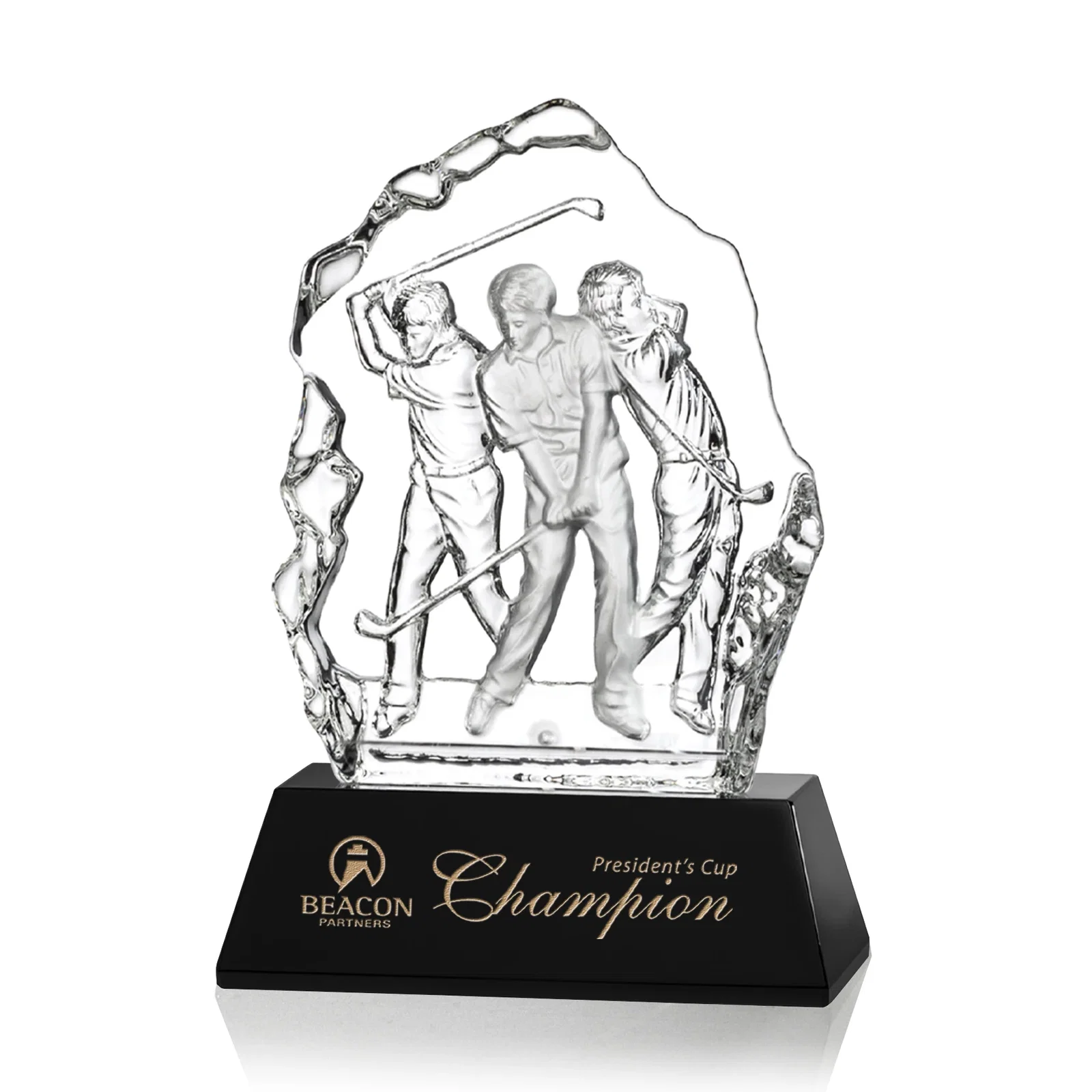 Custom Crystal Iceberg Award With Golf Swing Figure Cast Inside for corporate award ceremonies