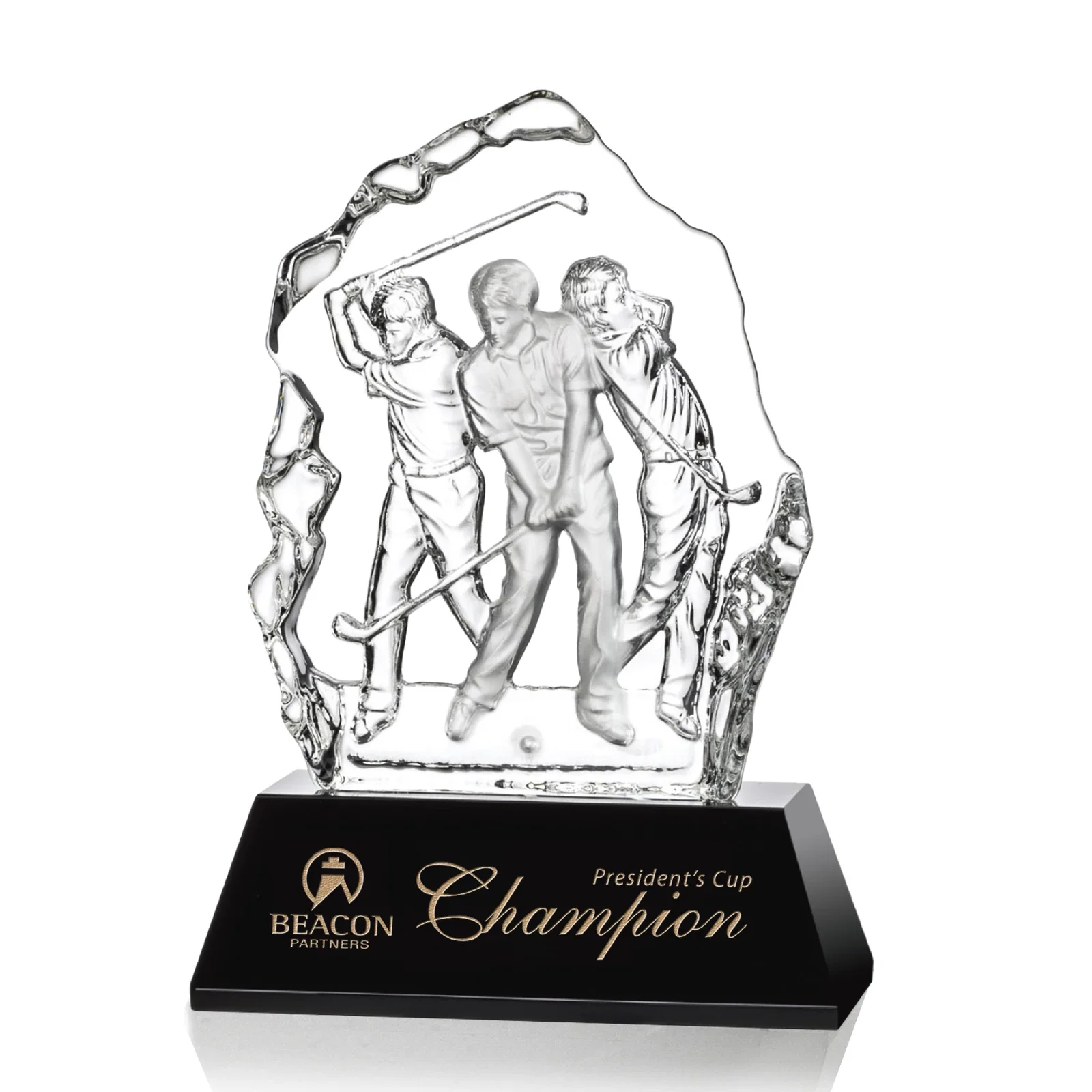 Custom Crystal Iceberg Award With Golf Swing Figure Cast Inside for service anniversary gifts
