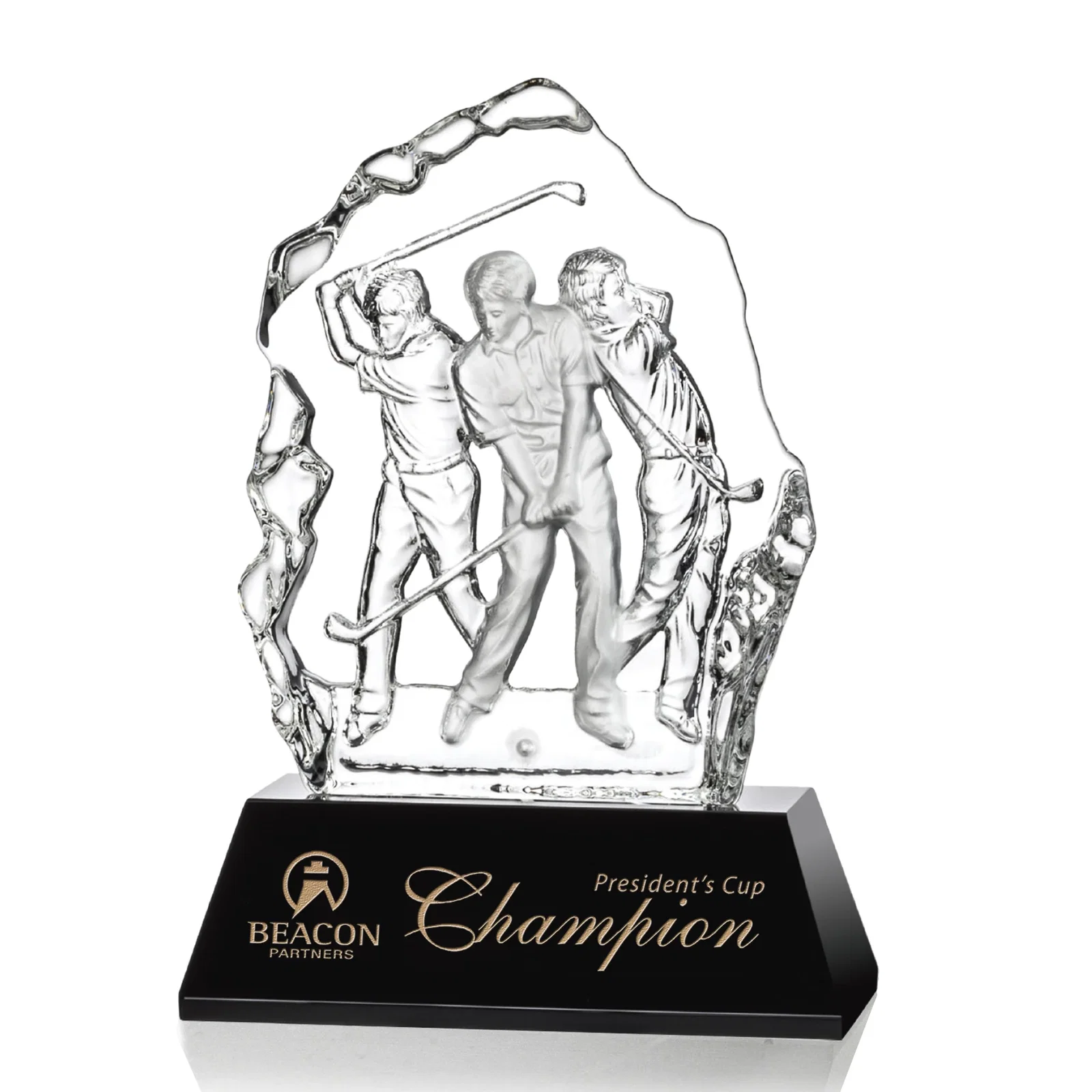 Custom Crystal Iceberg Award With Golf Swing Figure Cast Inside for sales achievement awards