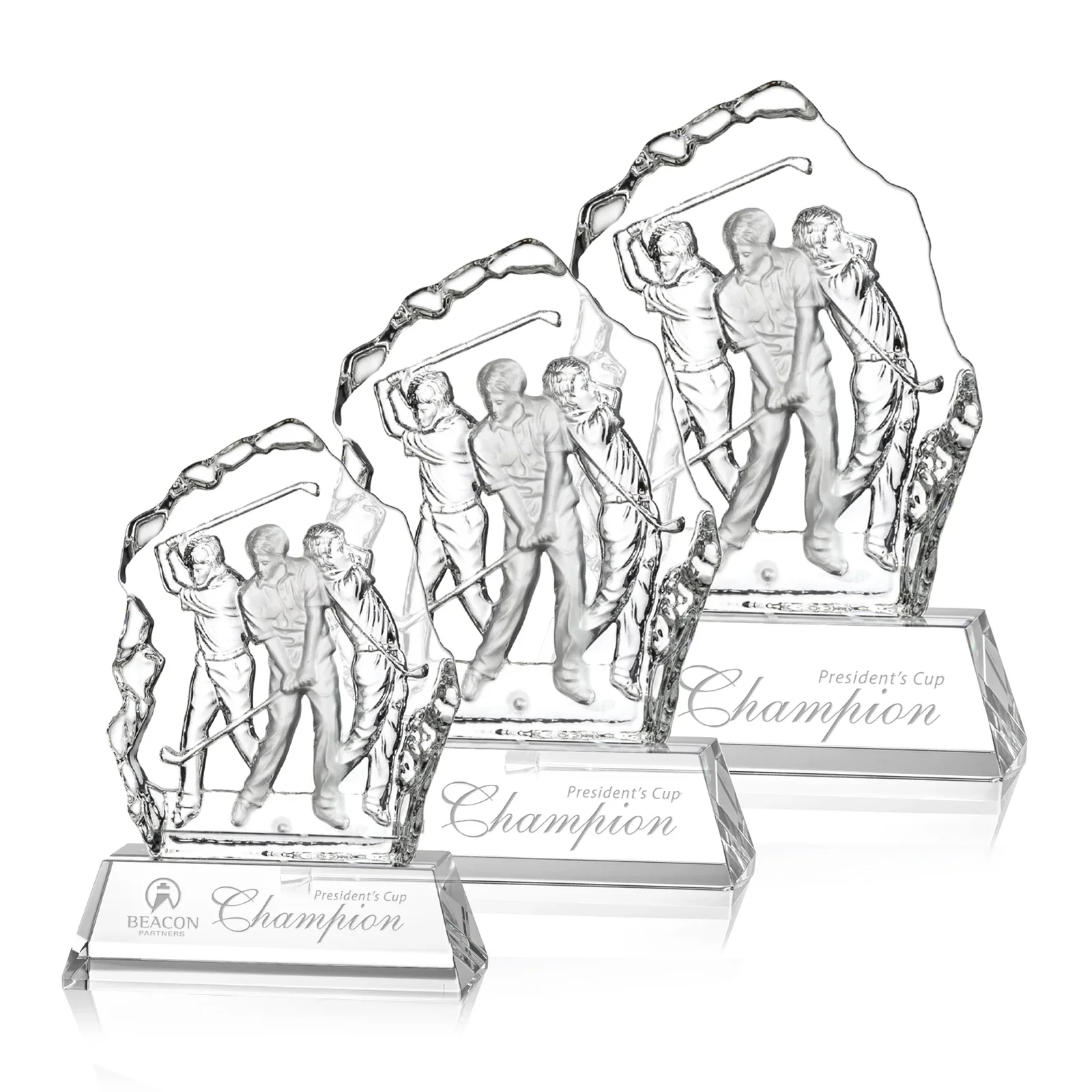 Custom Crystal Iceberg Award With Golf Swing Figure Cast Inside for retirement presentations