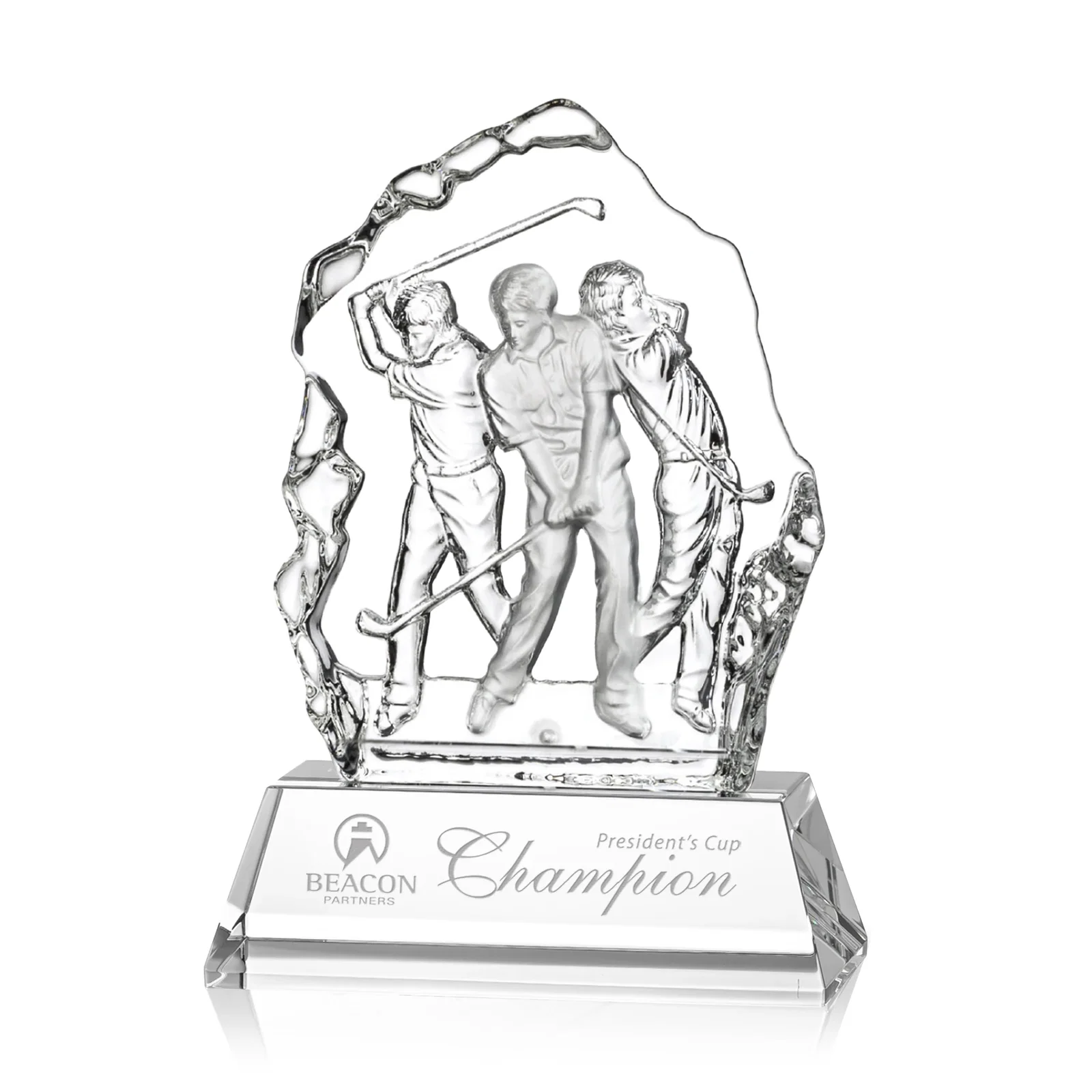 Custom Crystal Iceberg Award With Golf Swing Figure Cast Inside for team milestone celebrations