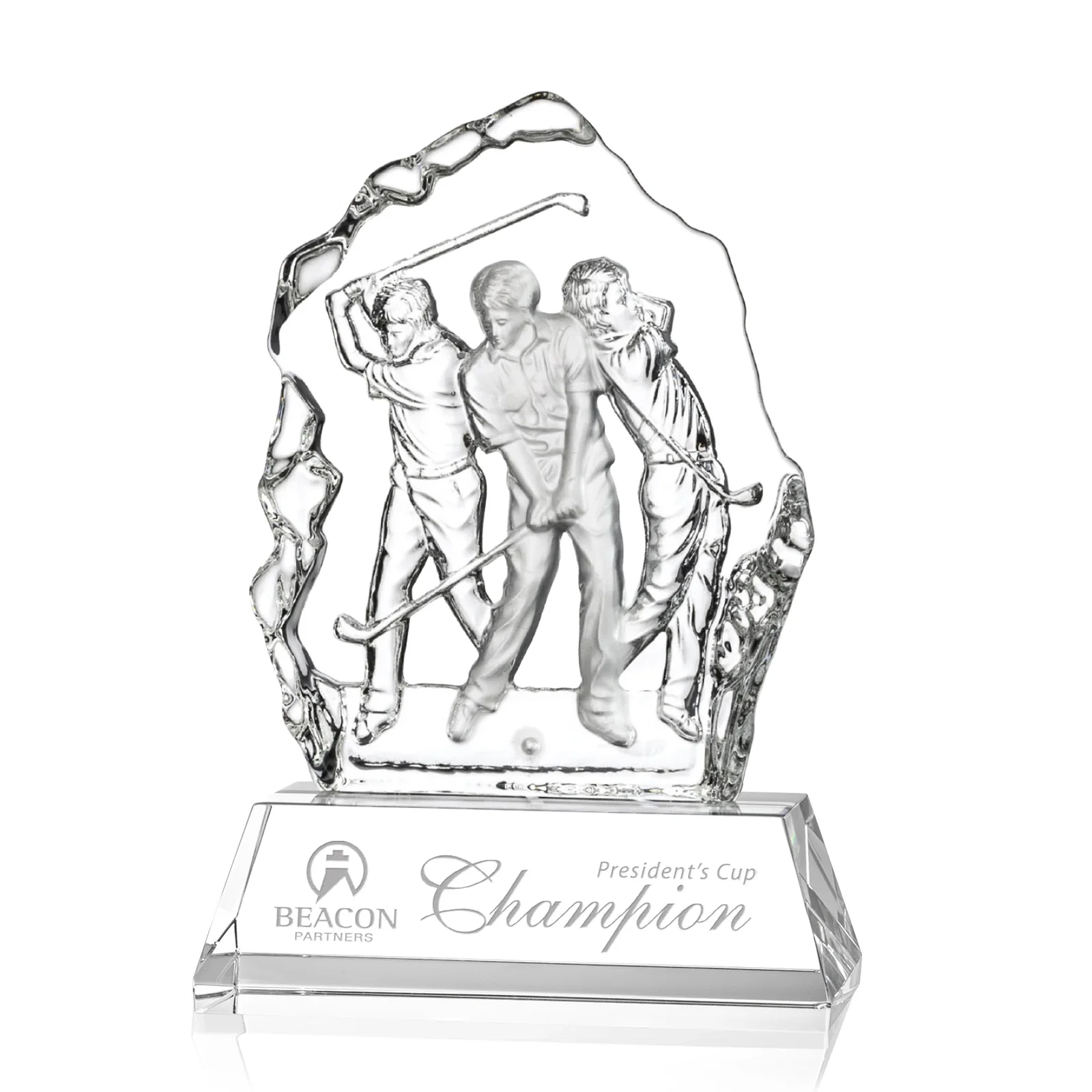 Custom Crystal Iceberg Award With Golf Swing Figure Cast Inside for donor appreciation