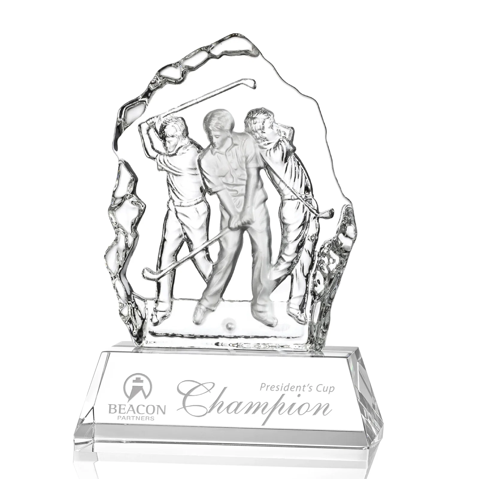 Custom Crystal Iceberg Award With Golf Swing Figure Cast Inside for graduation ceremonies