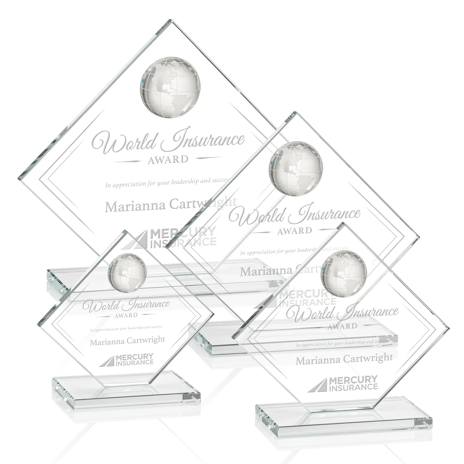 Custom Starfire Crystal Diamond Award With Frosted Continent Globe for employee recognition