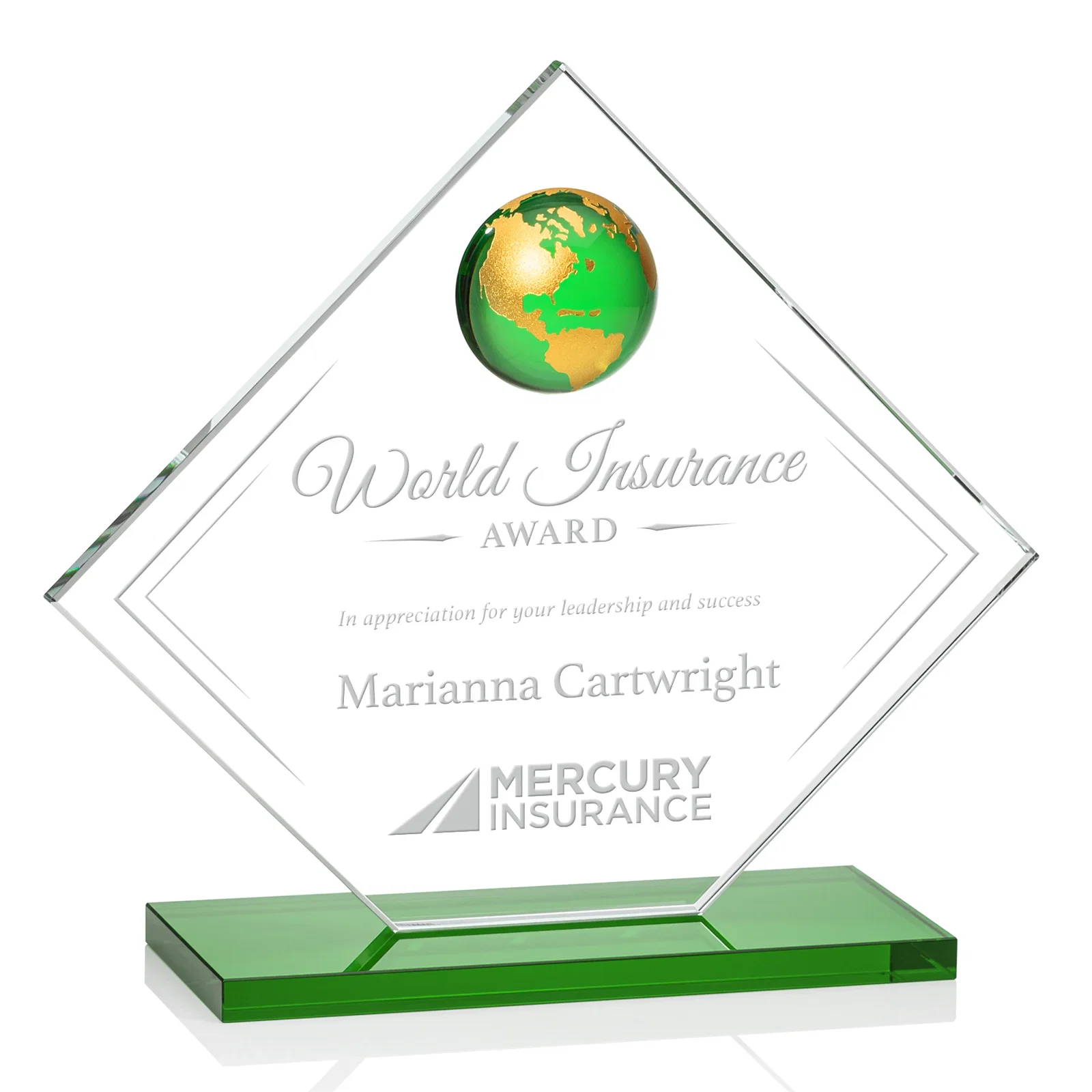 Custom Starfire Crystal Diamond Award With Frosted Continent Globe for volunteer appreciation