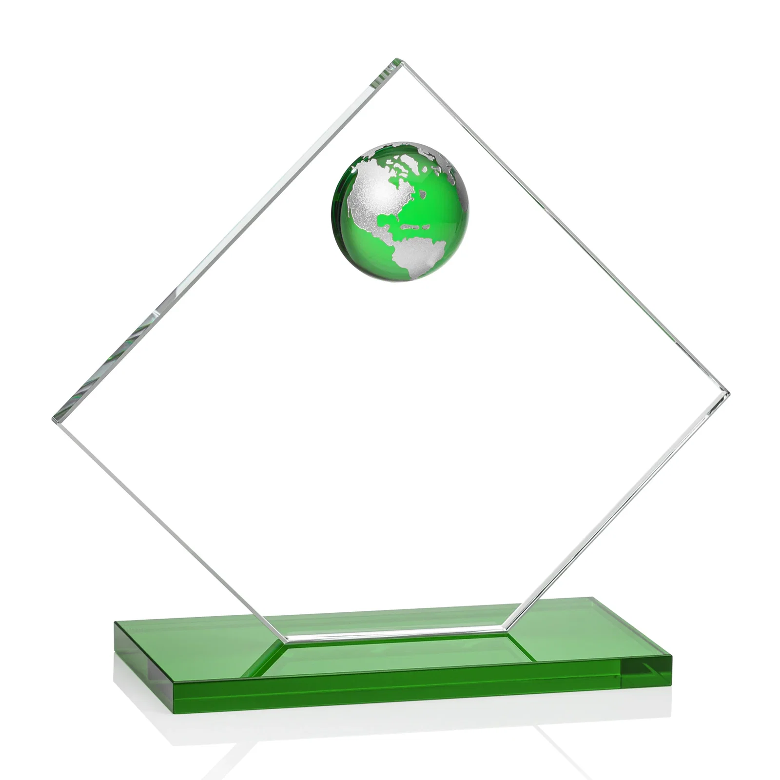 Personalized Starfire Crystal Diamond Award With Frosted Continent Globe, with your logo for employee recognition