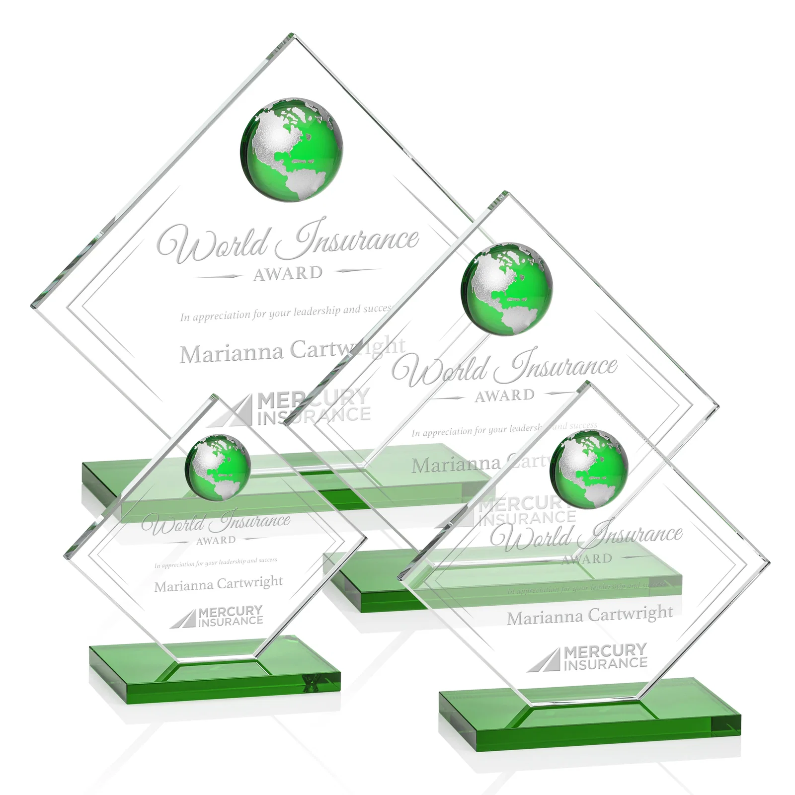 Custom Starfire Crystal Diamond Award With Frosted Continent Globe for dealer and partner awards