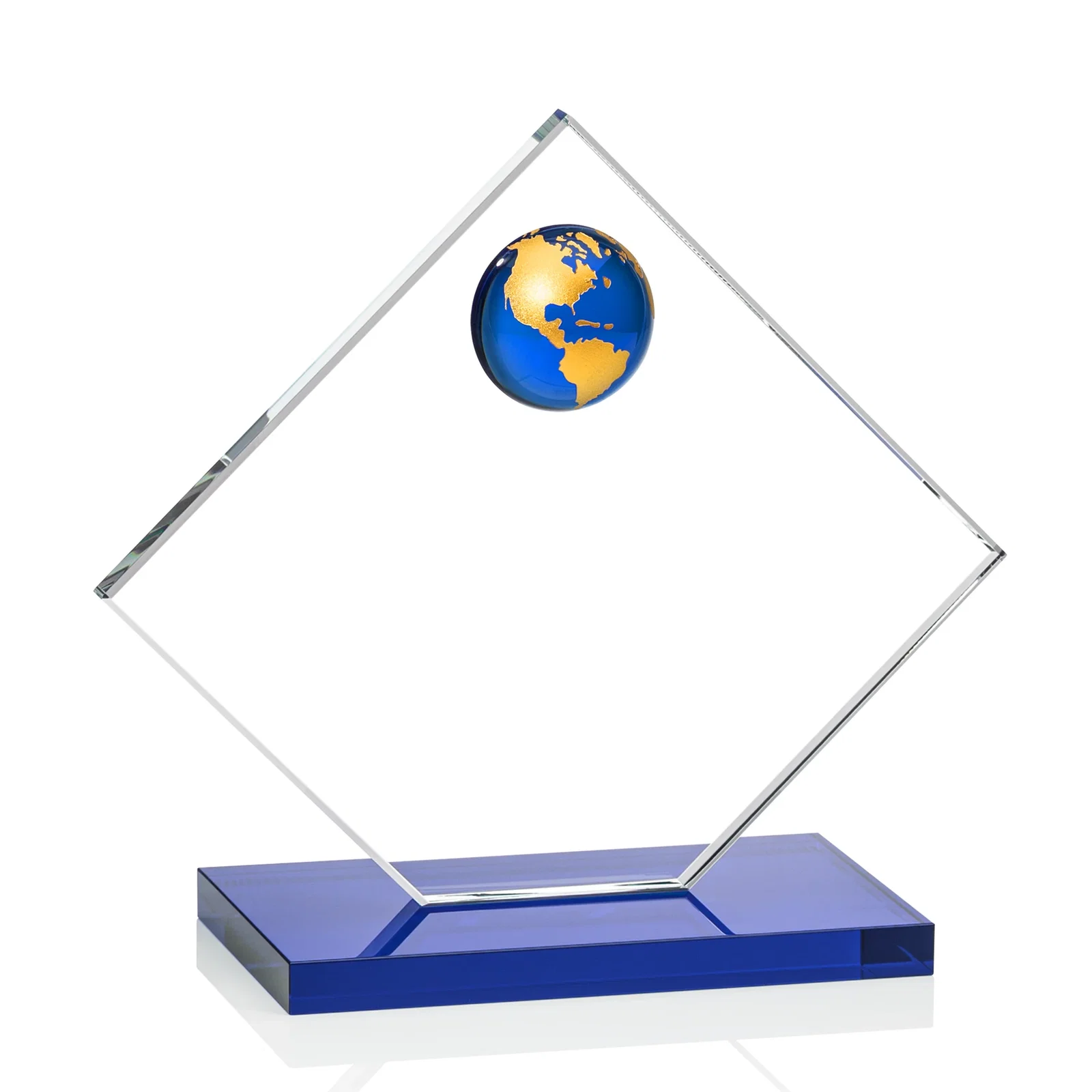 Personalized Starfire Crystal Diamond Award With Frosted Continent Globe, with your logo for corporate award ceremonies