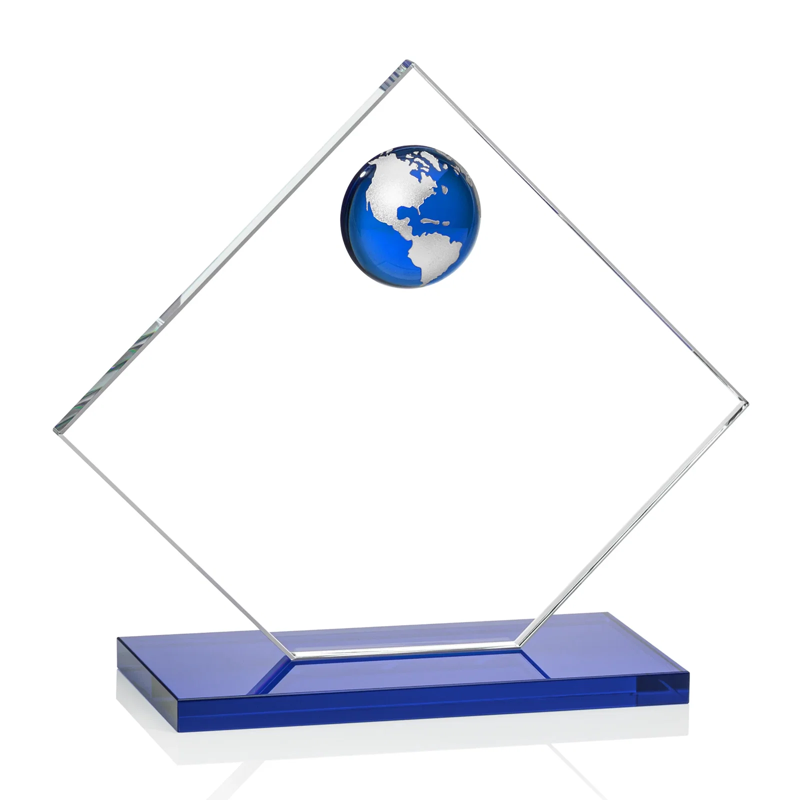 Personalized Starfire Crystal Diamond Award With Frosted Continent Globe, with your logo for sales achievement awards