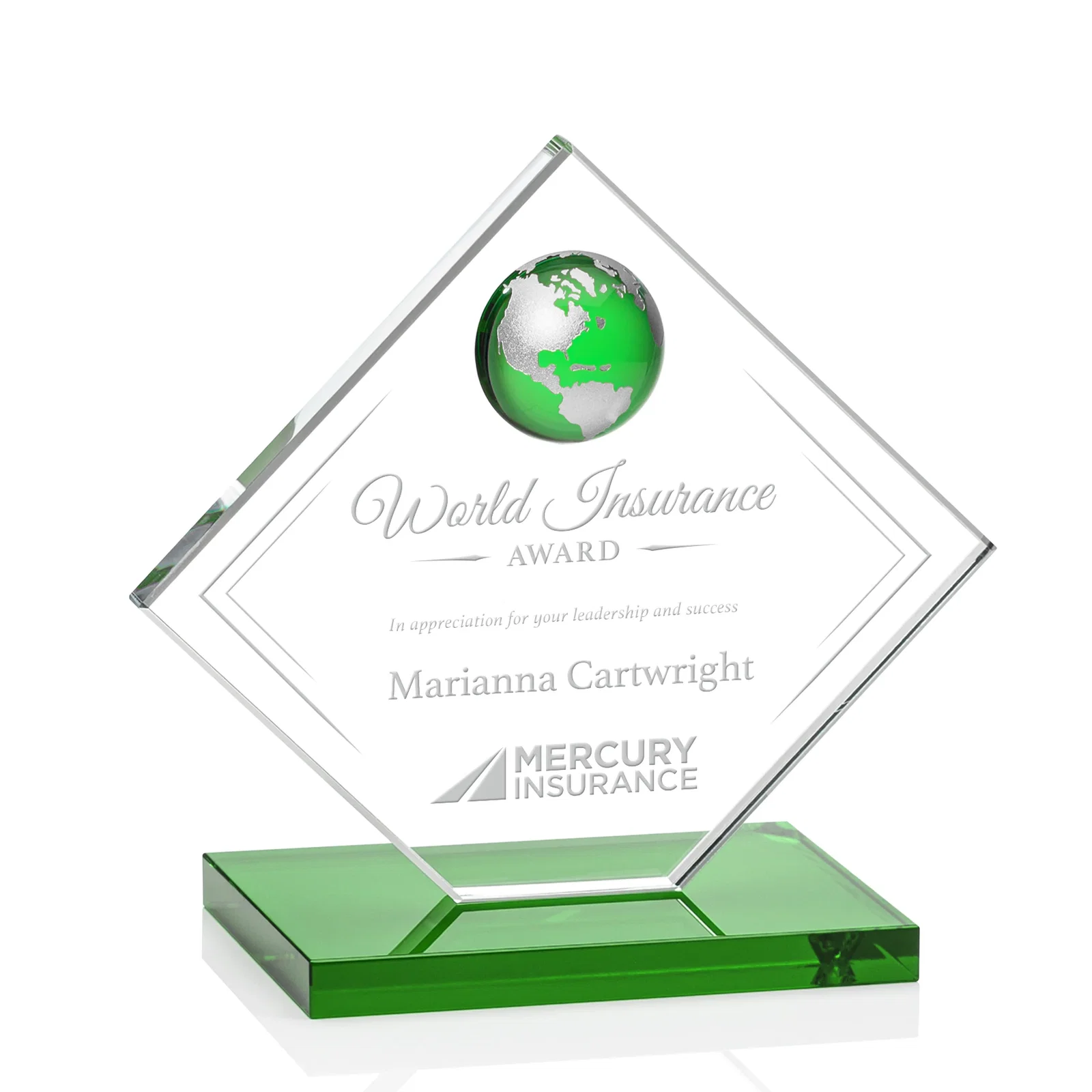 Custom Starfire Crystal Diamond Award With Frosted Continent Globe for company anniversary events