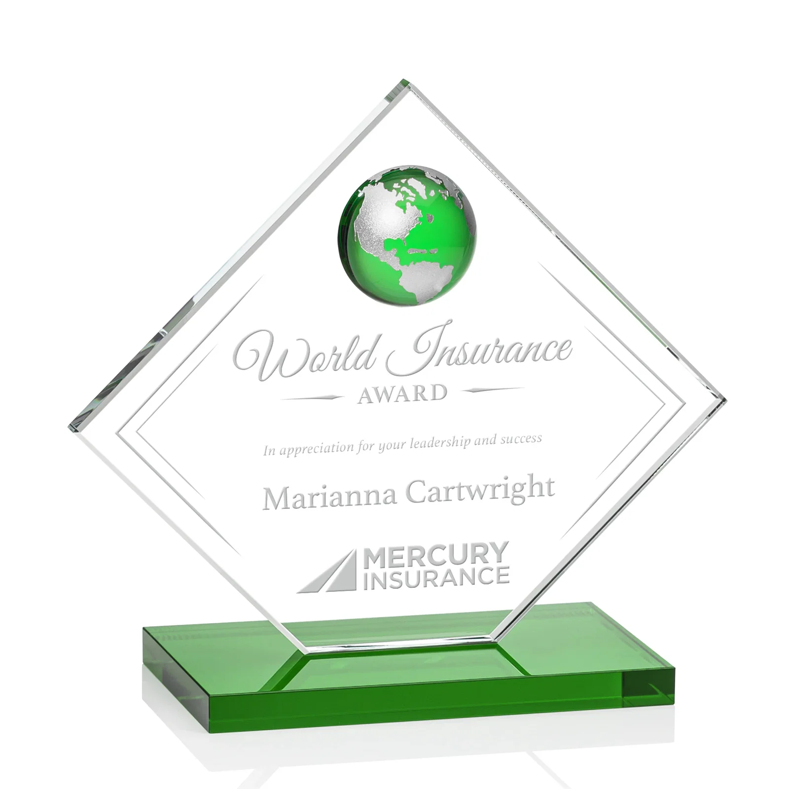 Personalized Starfire Crystal Diamond Award With Frosted Continent Globe for employee recognition