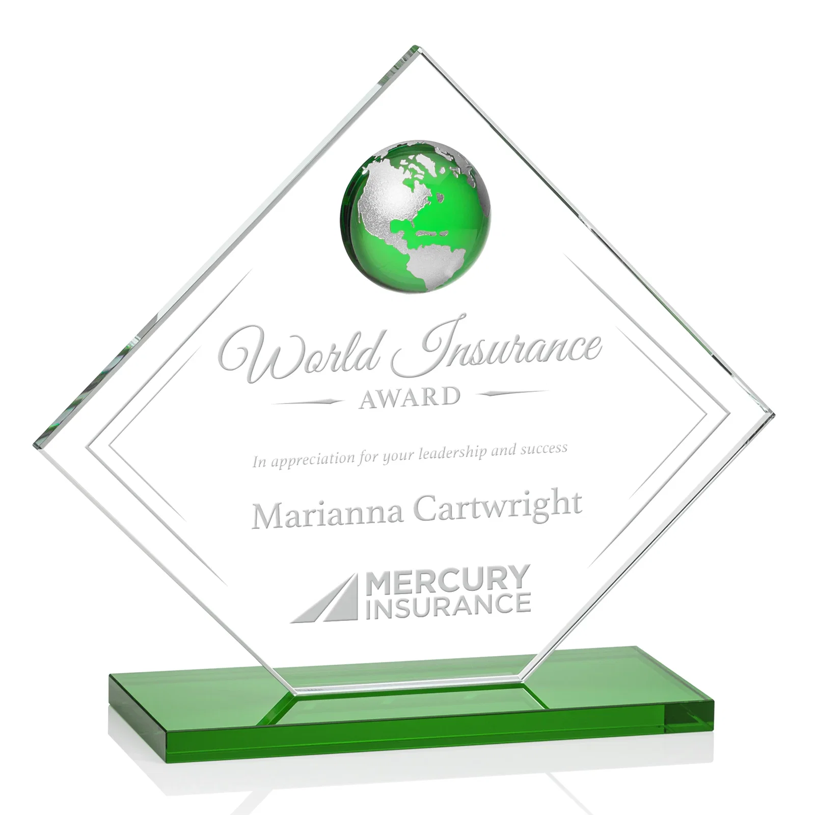 Personalized Starfire Crystal Diamond Award With Frosted Continent Globe for service anniversary gifts