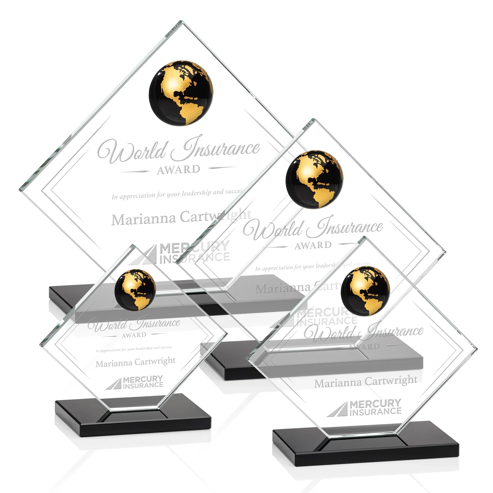Personalized Starfire Crystal Diamond Award With Frosted Continent Globe for sales achievement awards