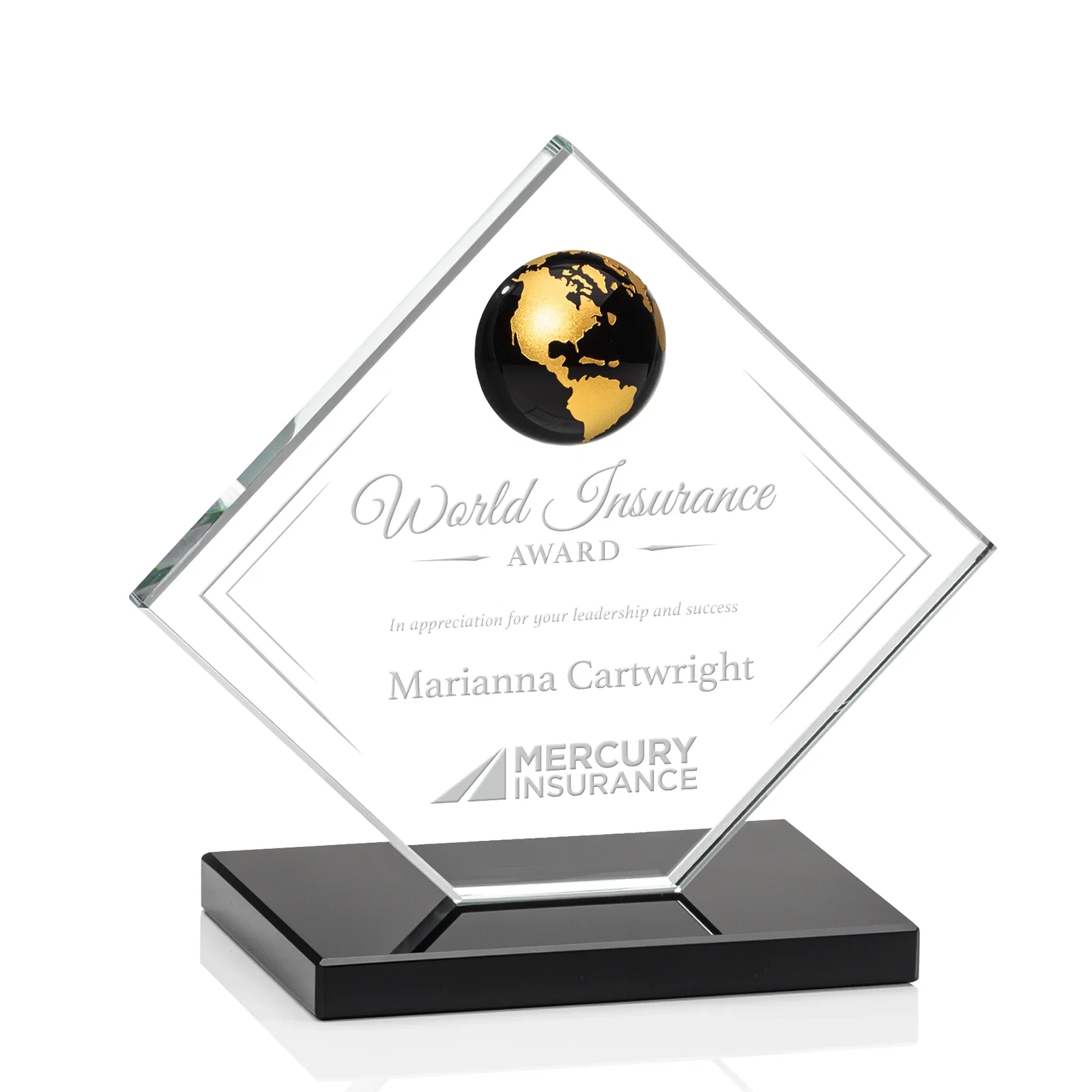 Personalized Starfire Crystal Diamond Award With Frosted Continent Globe for retirement presentations