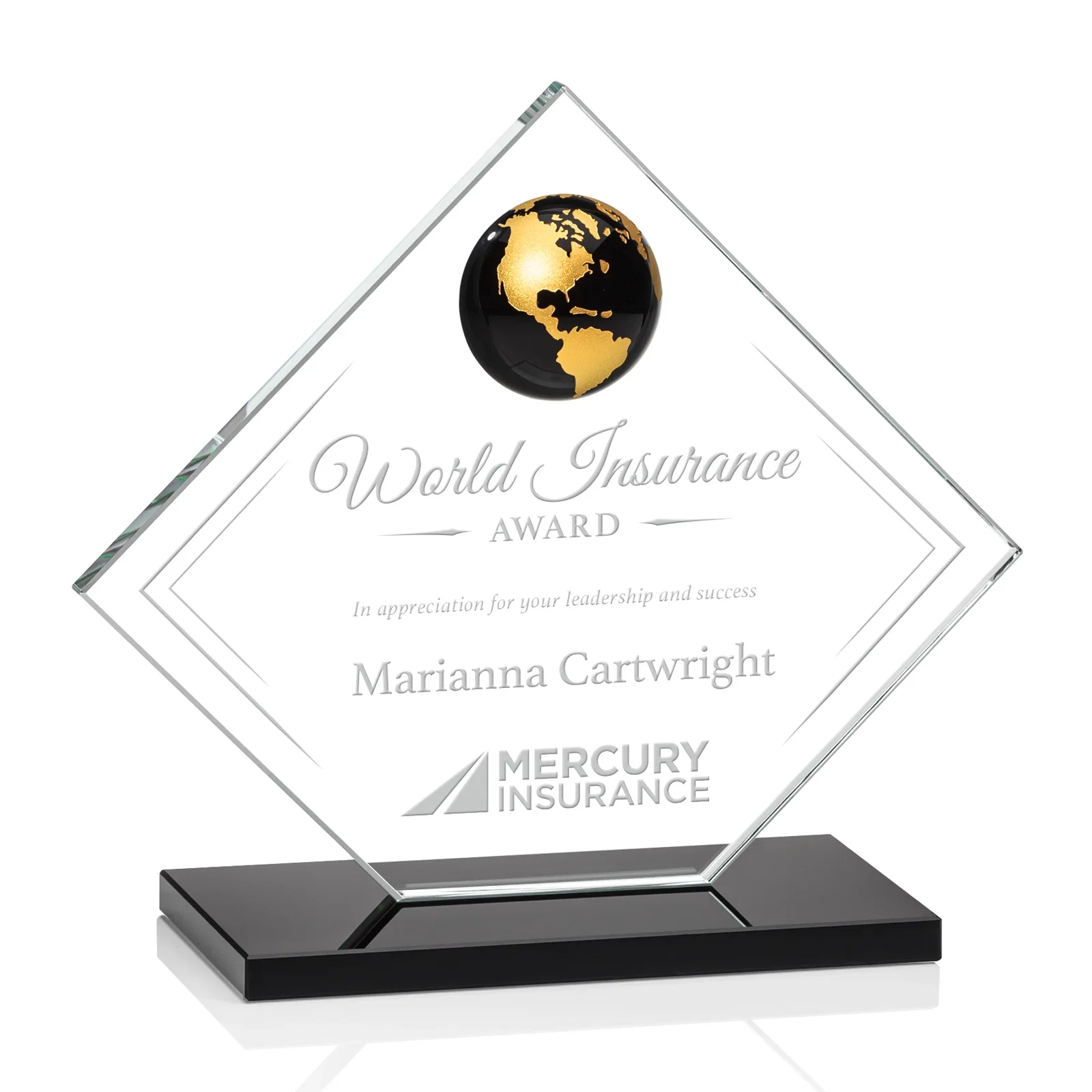 Personalized Starfire Crystal Diamond Award With Frosted Continent Globe for donor appreciation