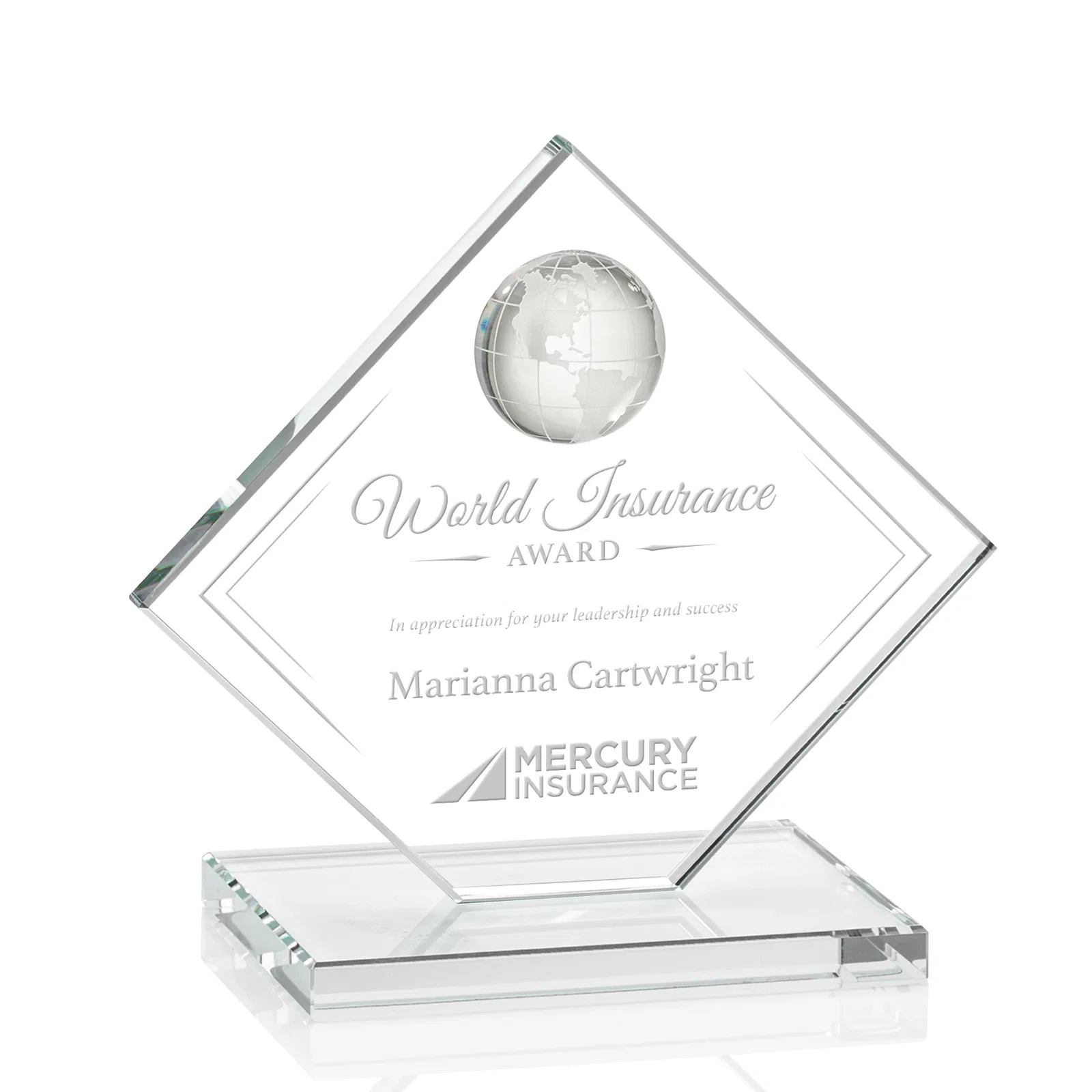 Custom Starfire Crystal Diamond Award With Frosted Continent Globe for corporate award ceremonies