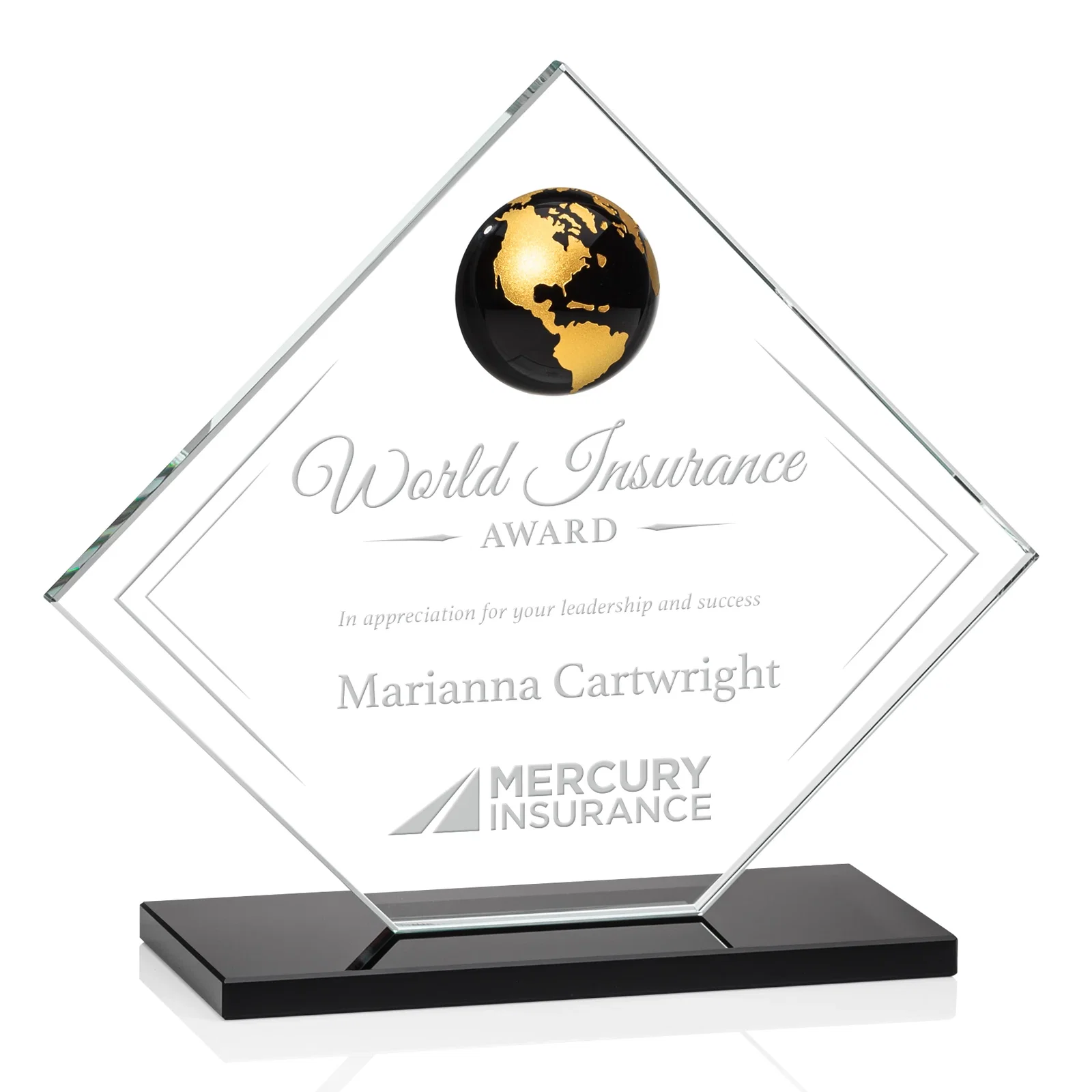 Personalized Starfire Crystal Diamond Award With Frosted Continent Globe for graduation ceremonies
