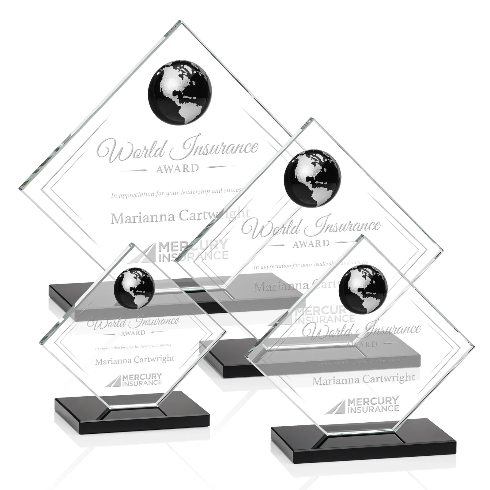 Personalized Starfire Crystal Diamond Award With Frosted Continent Globe for safety achievement programs