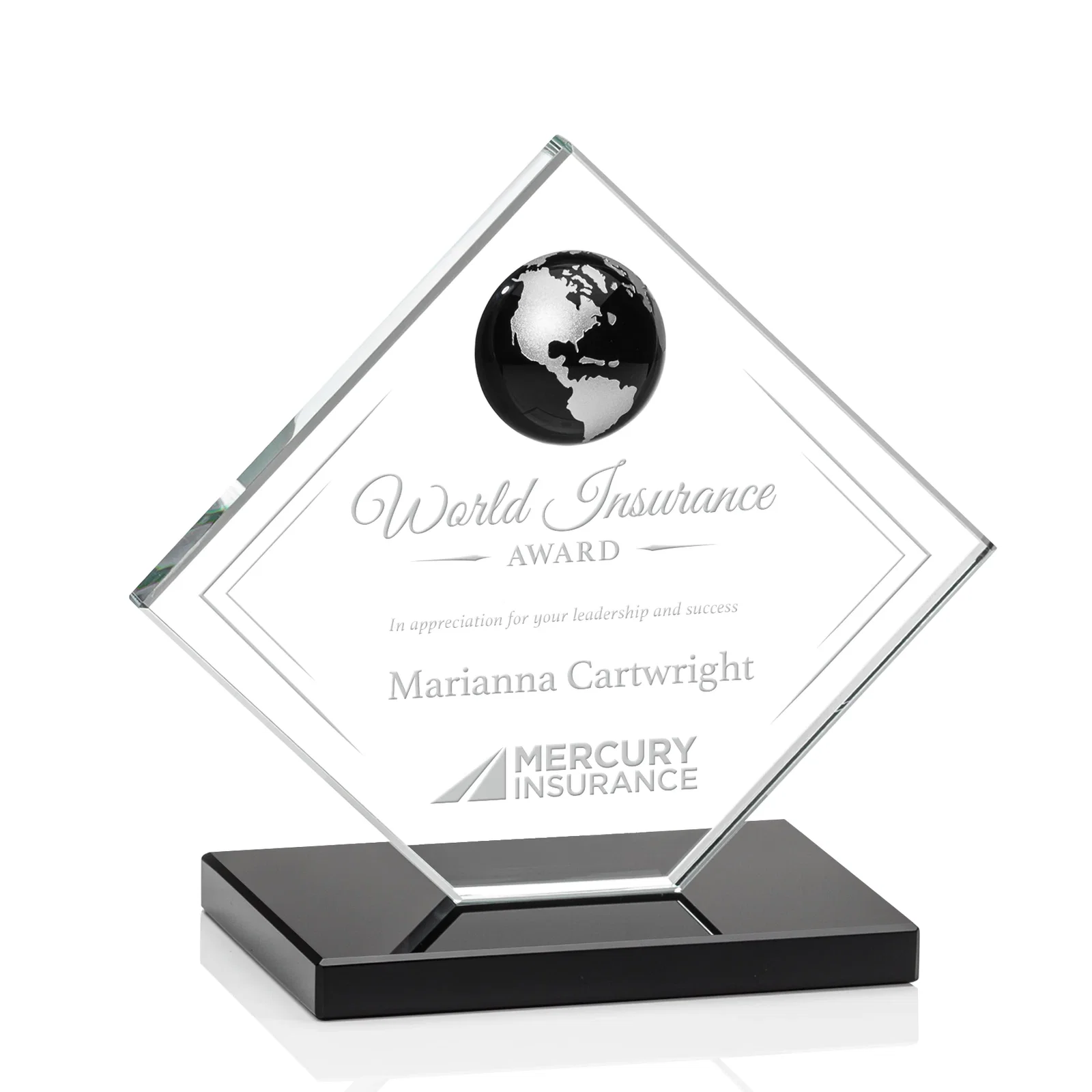 Personalized Starfire Crystal Diamond Award With Frosted Continent Globe for volunteer appreciation