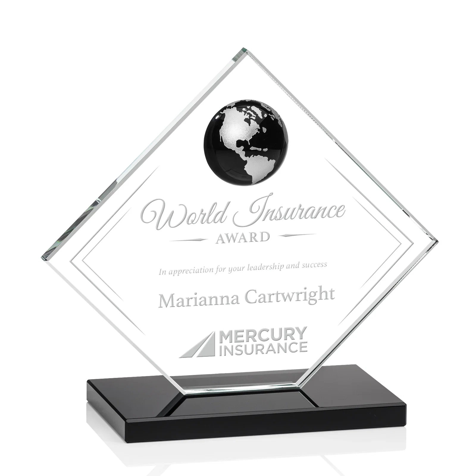 Personalized Starfire Crystal Diamond Award With Frosted Continent Globe for dealer and partner awards