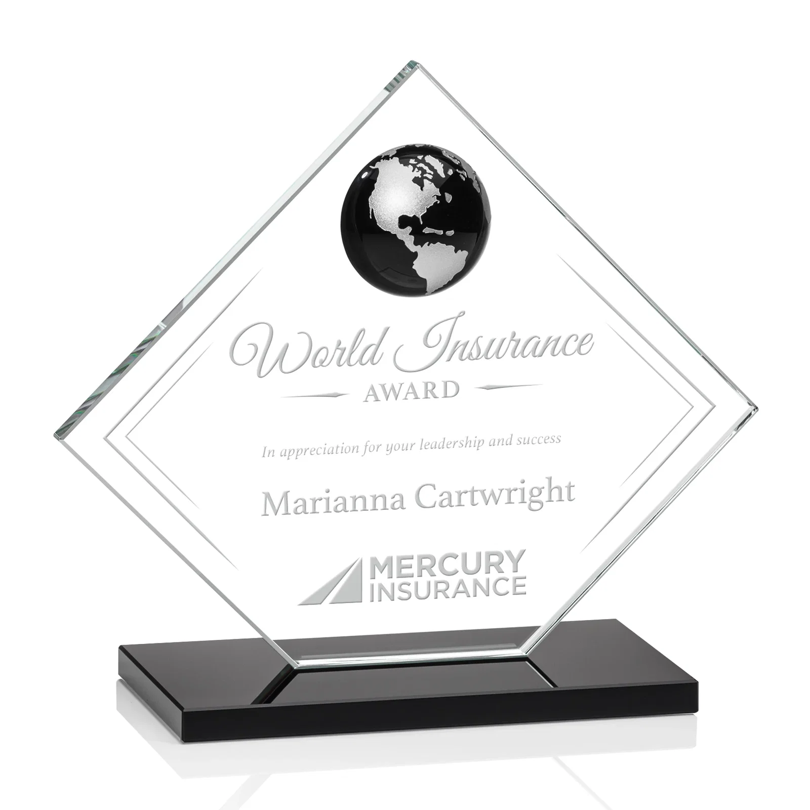 Personalized Starfire Crystal Diamond Award With Frosted Continent Globe for company anniversary events