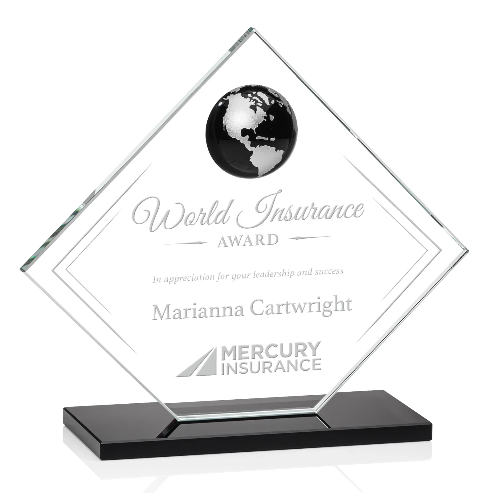 Promotional Starfire Crystal Diamond Award With Frosted Continent Globe for employee recognition