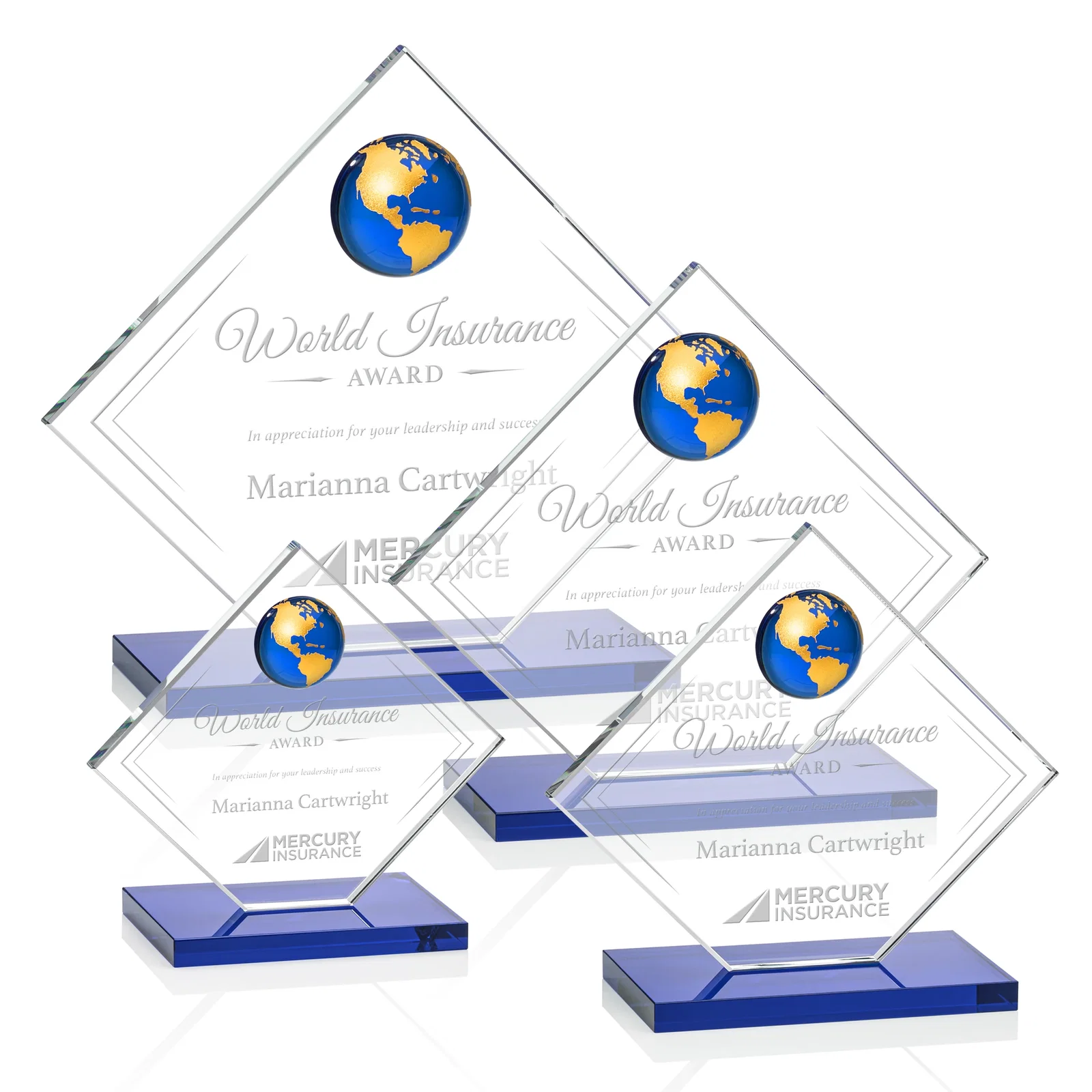 Promotional Starfire Crystal Diamond Award With Frosted Continent Globe for corporate award ceremonies