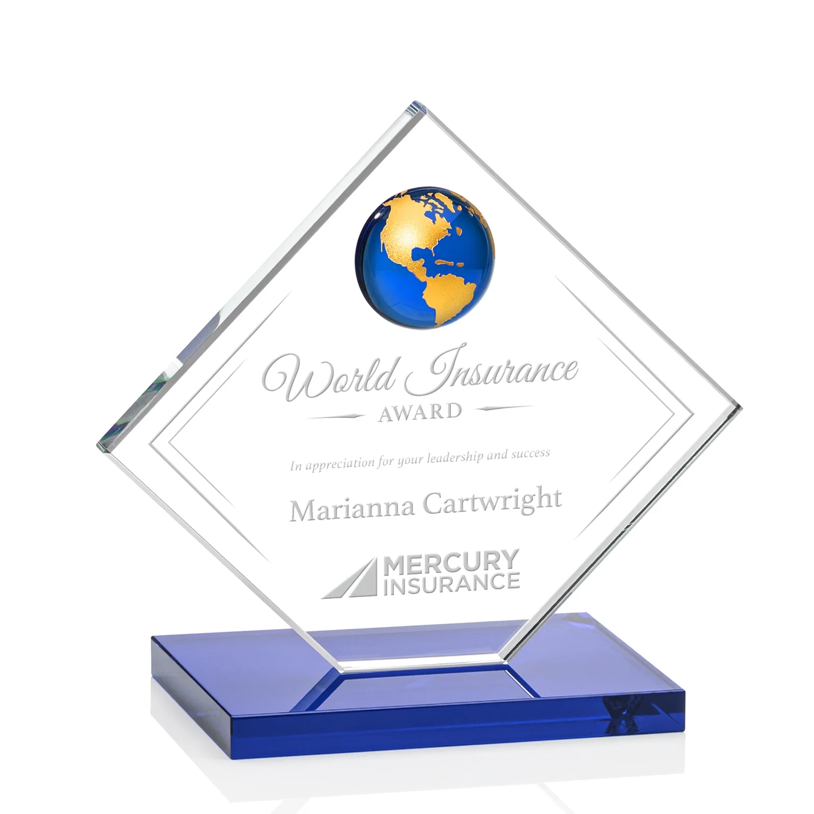 Promotional Starfire Crystal Diamond Award With Frosted Continent Globe for service anniversary gifts
