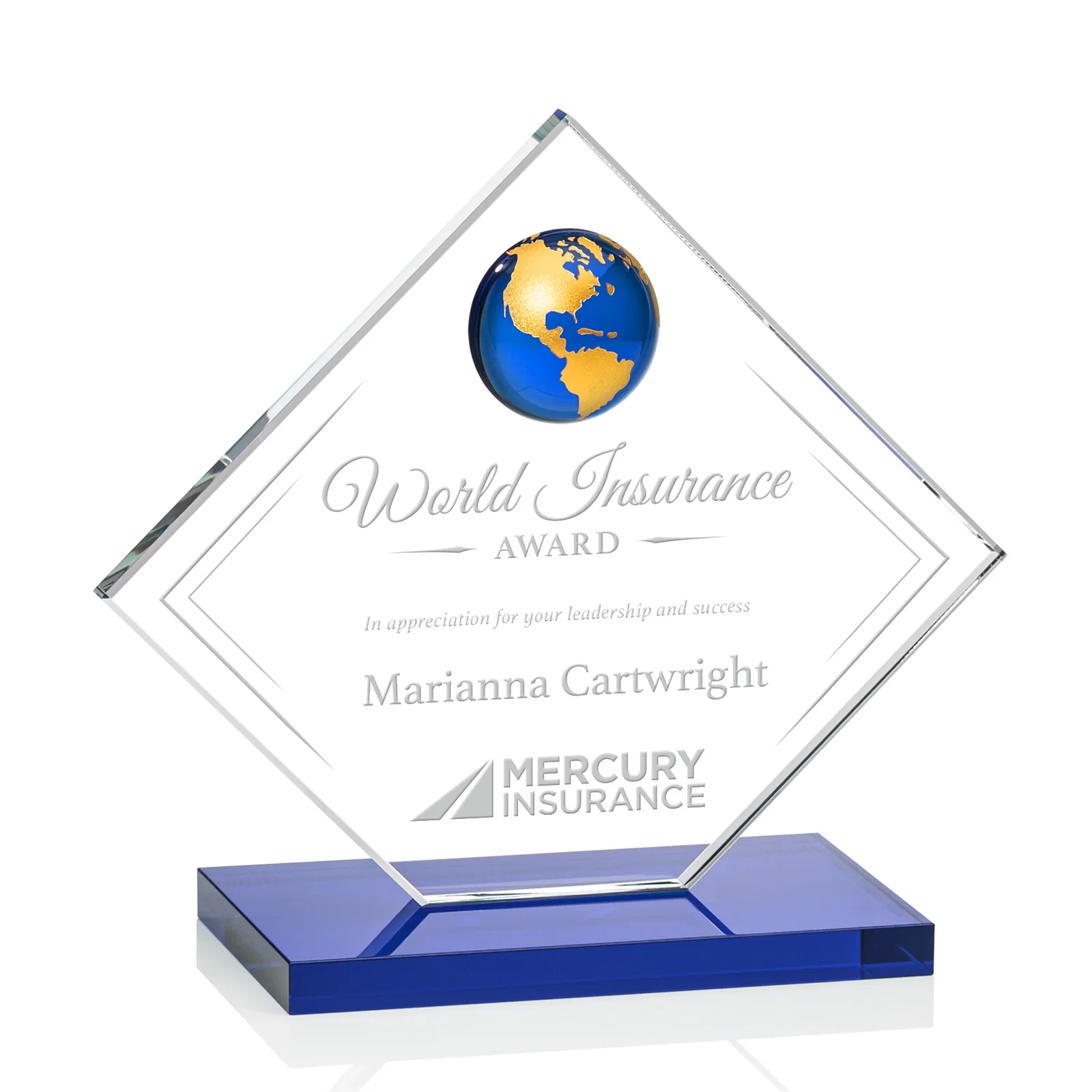 Promotional Starfire Crystal Diamond Award With Frosted Continent Globe for sales achievement awards