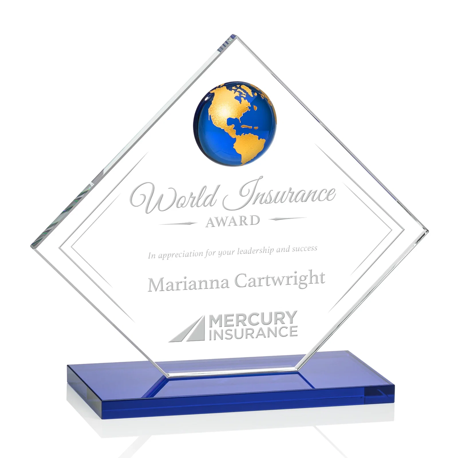 Promotional Starfire Crystal Diamond Award With Frosted Continent Globe for retirement presentations
