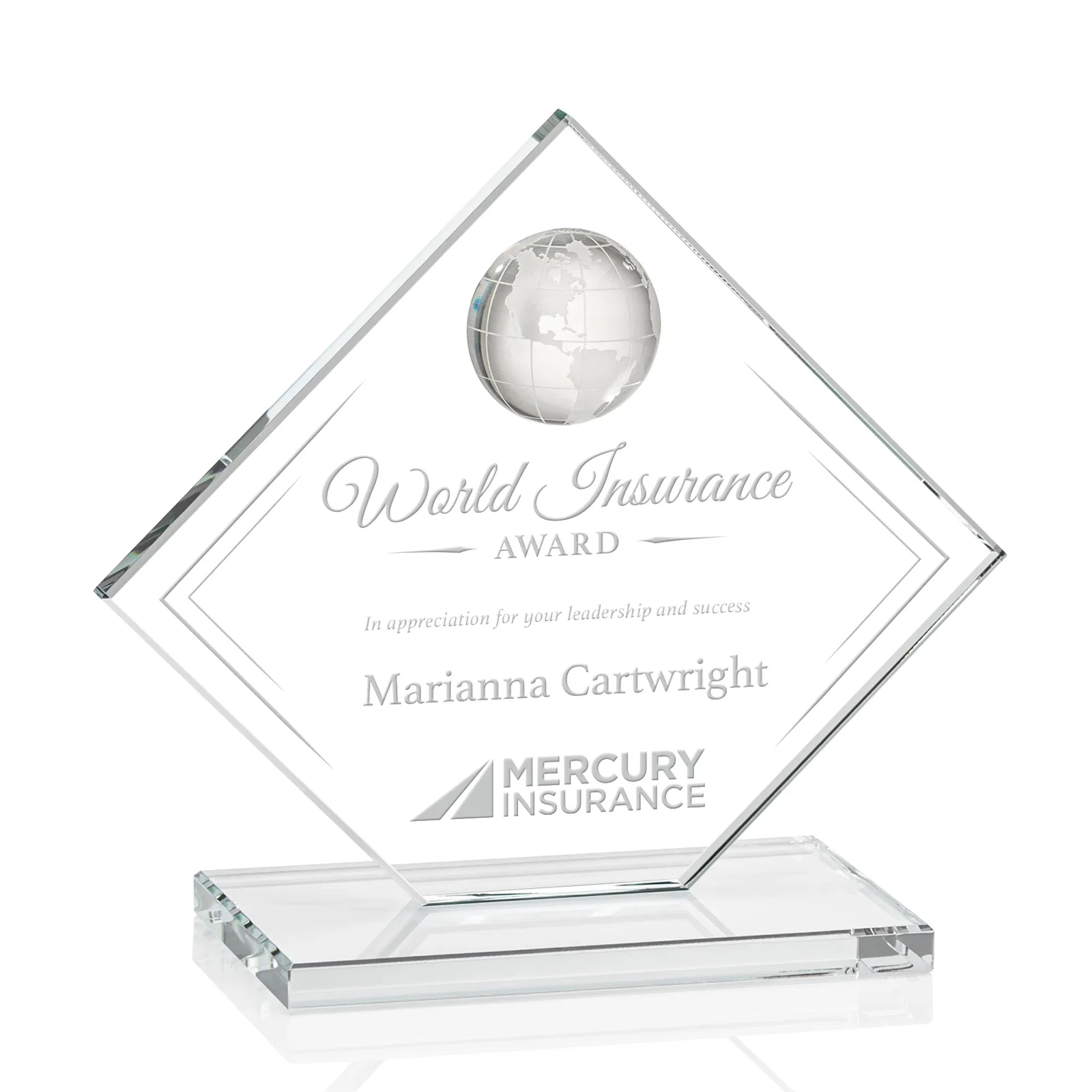 Custom Starfire Crystal Diamond Award With Frosted Continent Globe for service anniversary gifts