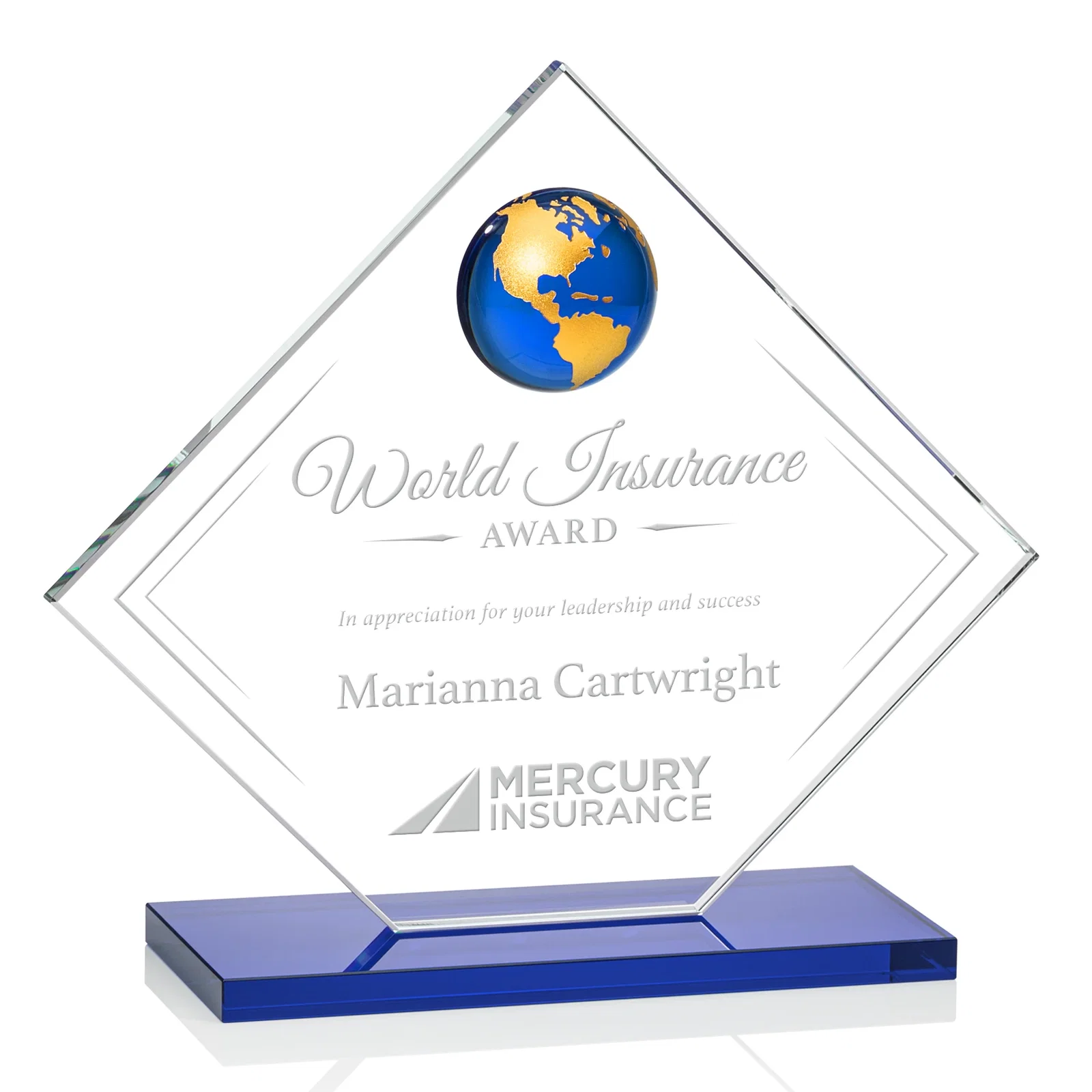 Promotional Starfire Crystal Diamond Award With Frosted Continent Globe for team milestone celebrations