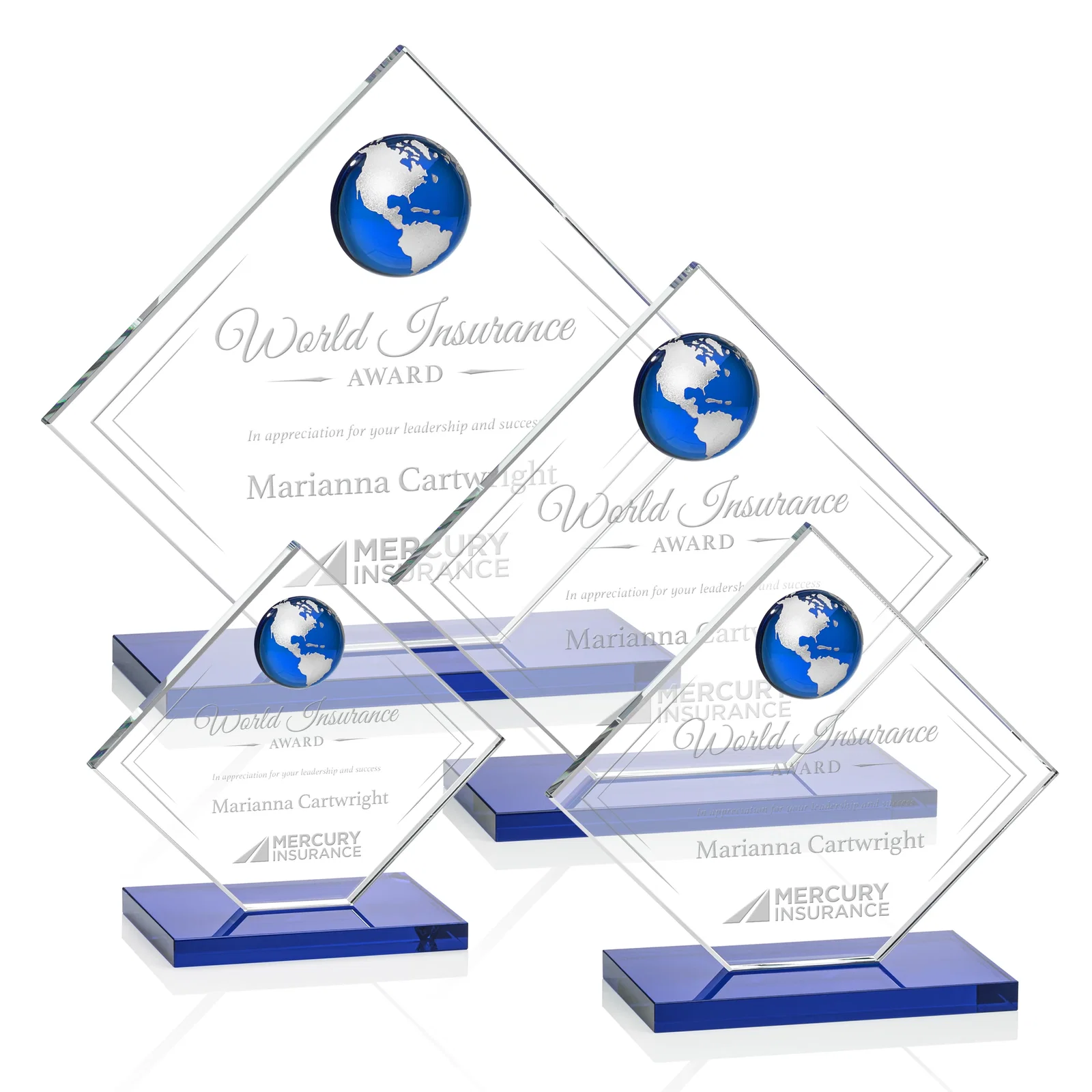 Promotional Starfire Crystal Diamond Award With Frosted Continent Globe for donor appreciation